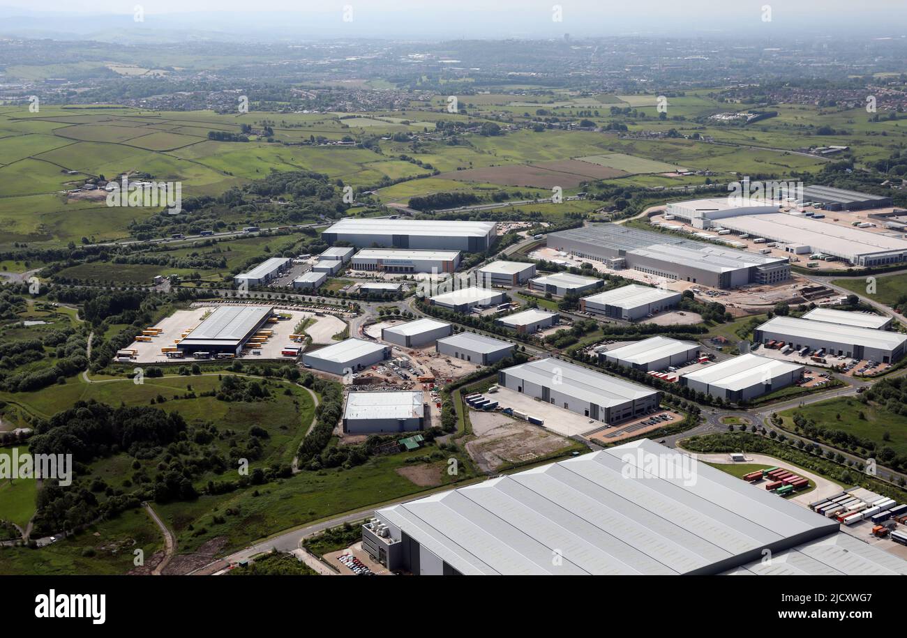 industrial development at junction 21 of the M62 motorway near Rochdole & Milnrow Stock Photo