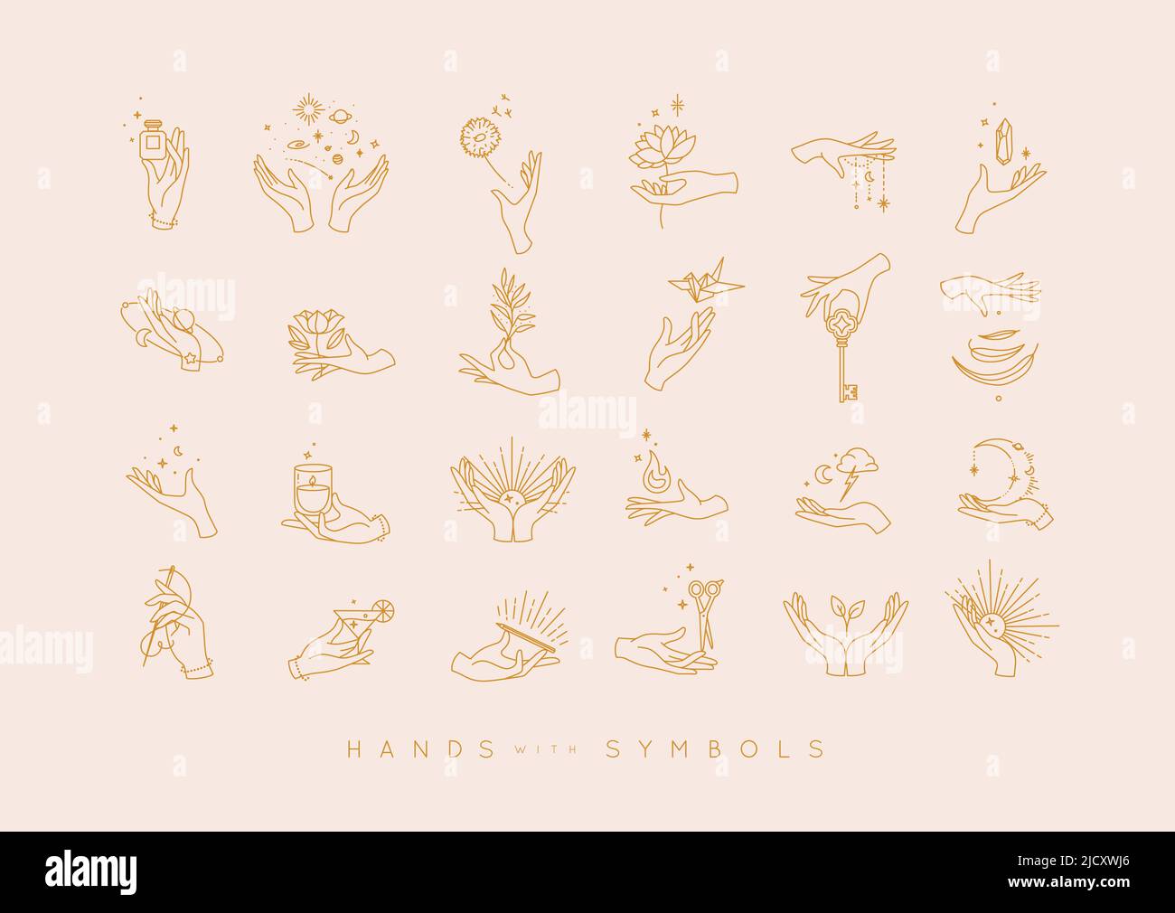 Hands in different positions with symbols and elements moon, sun, flowers, perfume, fire, cocktail, origami, key, stone, leaf, drawing in line style o Stock Vector