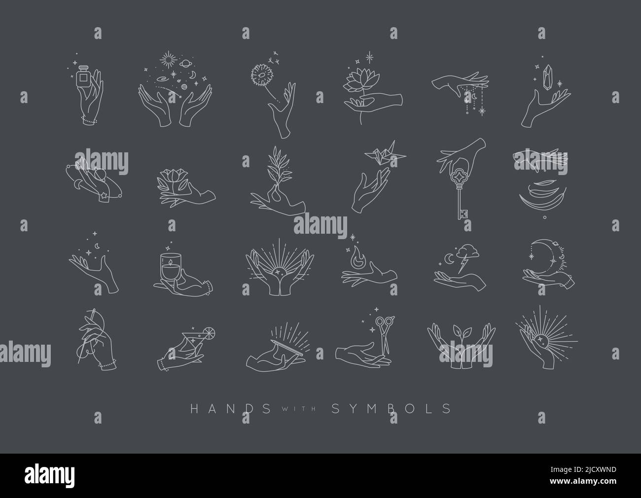 Hands in different positions with symbols and elements moon, sun, flowers, perfume, fire, cocktail, origami, key, stone, leaf, drawing in line style o Stock Vector