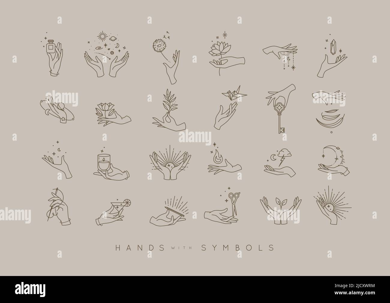 Hands in different positions with symbols and elements moon, sun, flowers, perfume, fire, cocktail, origami, key, stone, leaf, drawing in line style o Stock Vector