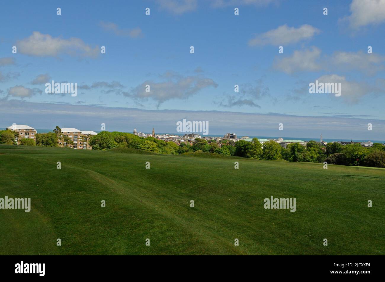 View from beside the 18th Green on Devonshire Course to the town of Eastbourne, Royal Eastbourne Golf Club, Eastbourne, Sussex, England Stock Photo