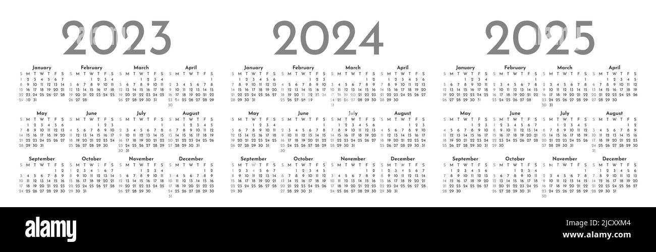 Set of black and white monthly calendar templates for 2023, 2024, 2025