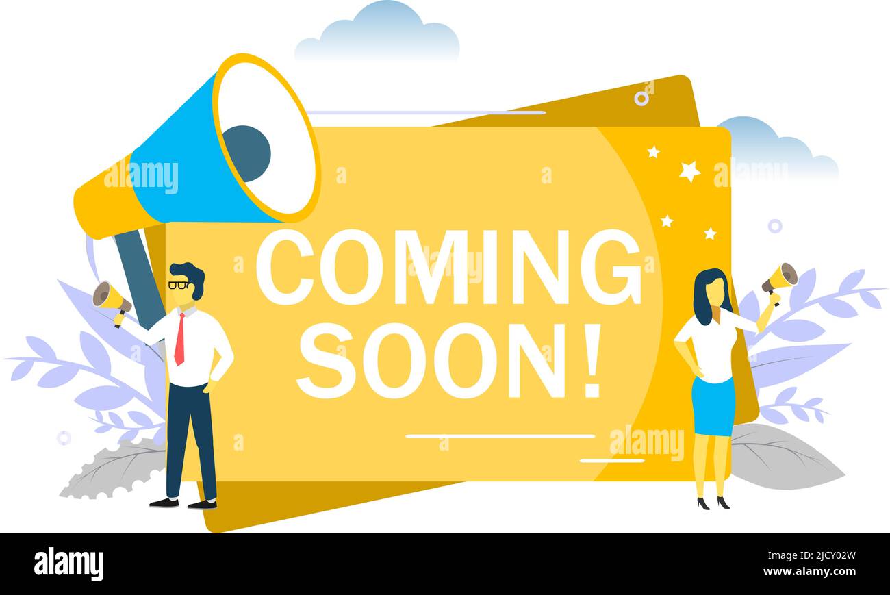 Coming soon announcement, vector flat style design illustration Stock Vector