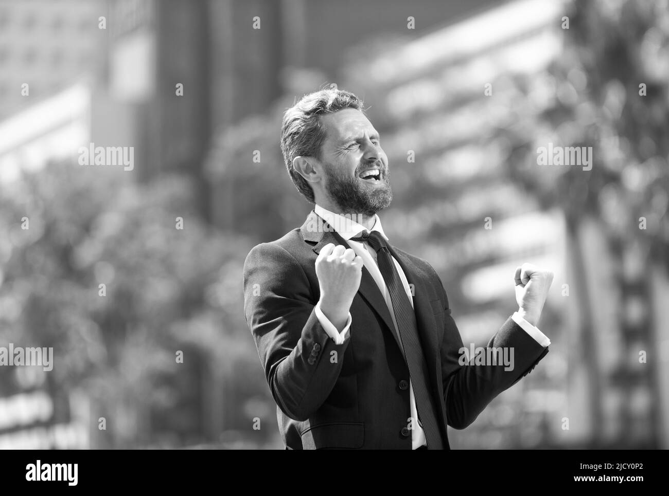 successful boss in suit. excited entrepreneur. business excitement. Stock Photo
