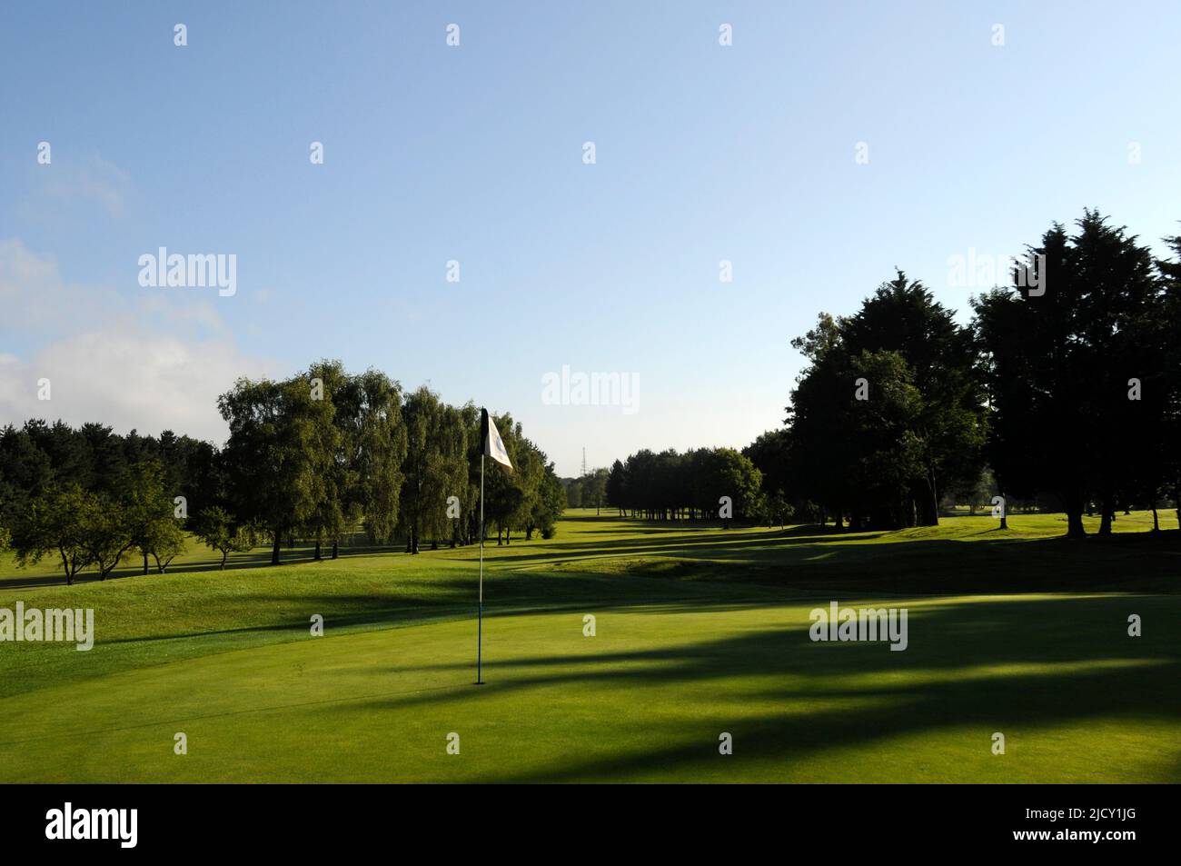 Early Morning view back over 5th Green to the Fairway, Bentley Golf Club, Brentwood, Essex, England Stock Photo