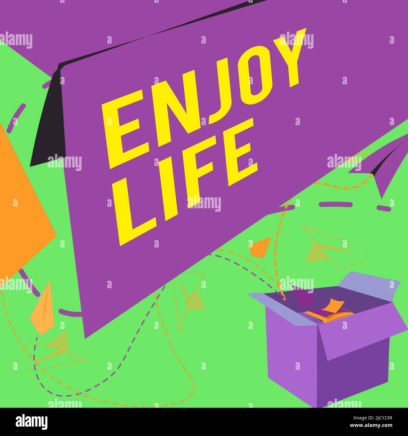 Text caption presenting Enjoy Life. Concept meaning Any thing, place,food or person, that makes you relax and happy Open Box With Flying Paper Planes Stock Photo