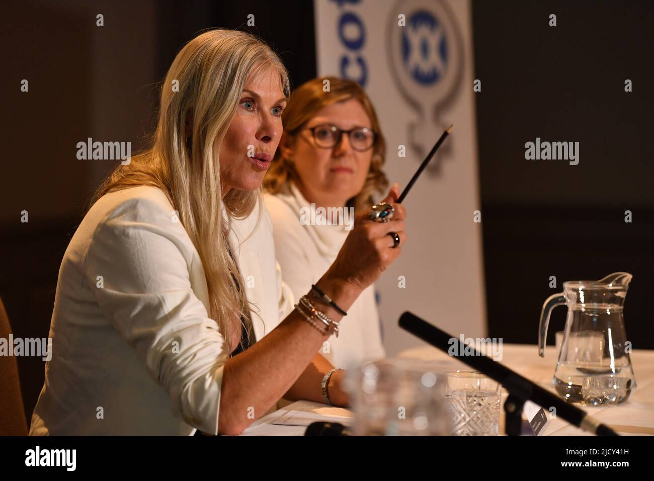Edinburgh, Scotland, UK. 16 June 2022. PICTURED: Sharron Davies MBE. Female Olympians Sharron Davies and Mara Yamauchi today visited Edinburgh to call on members of the Scottish Parliament to ensure the integrity of female sporting categories. The Scottish Parliament is currently considering draft legislation - the Gender Recognition Reform (Scotland) Bill - which will allow individuals to change the sex recorded on their birth certificate by simply making a statutory declaration. Currently, someone seeking a Gender Recognition Certificate (GRC) needs to have a diagnosis of gender dysphori Stock Photo