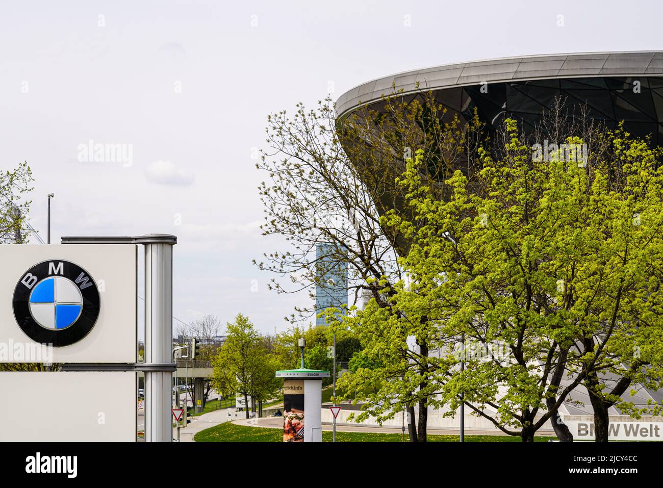 BMW Logo near BMW Welt Munich, Germany, 19.5.22 Stock Photo