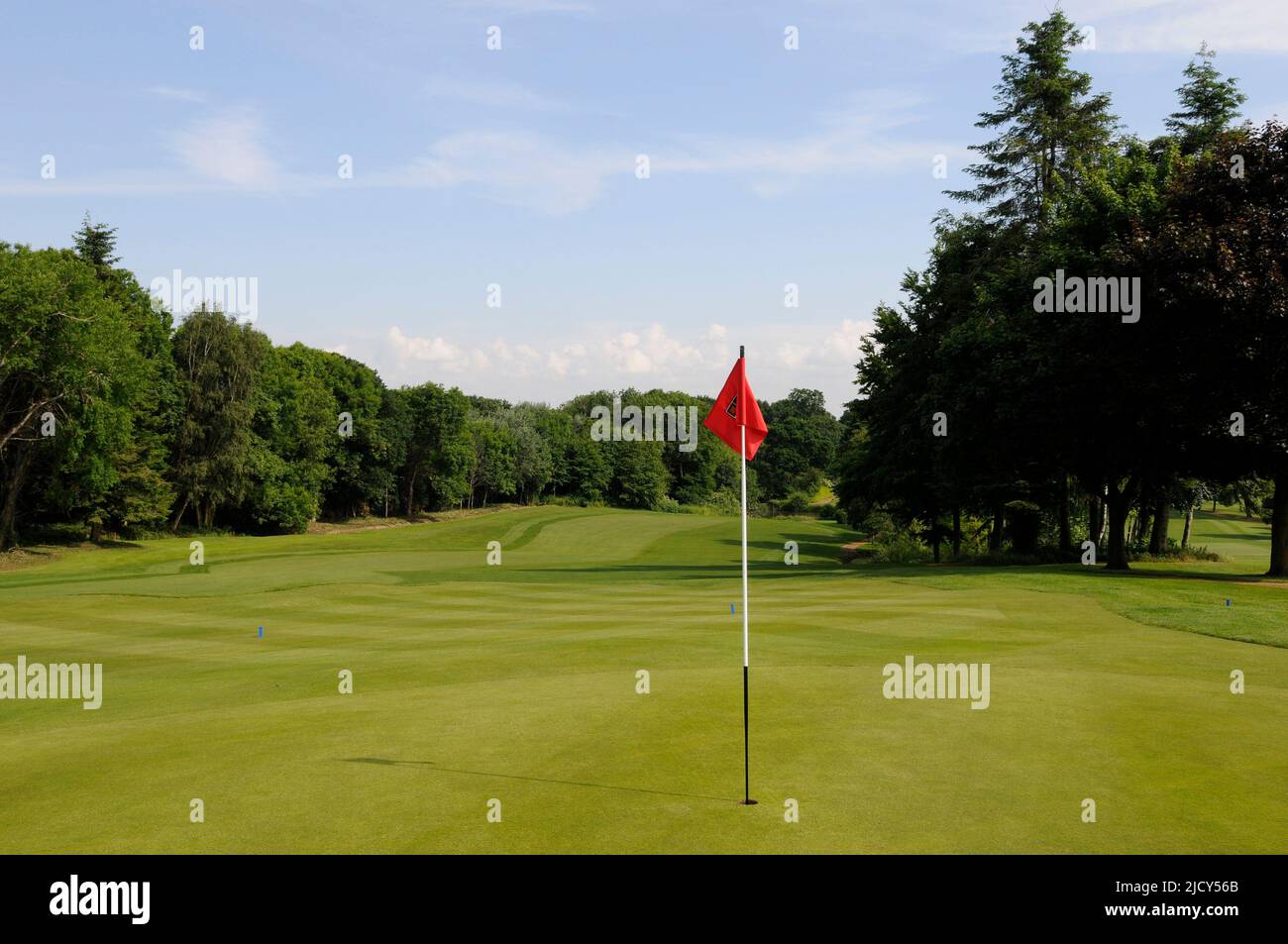 View over 18th Green on West Course with pond in background, Sundridge Park Golf Club, Bromley, Kent, England Stock Photo