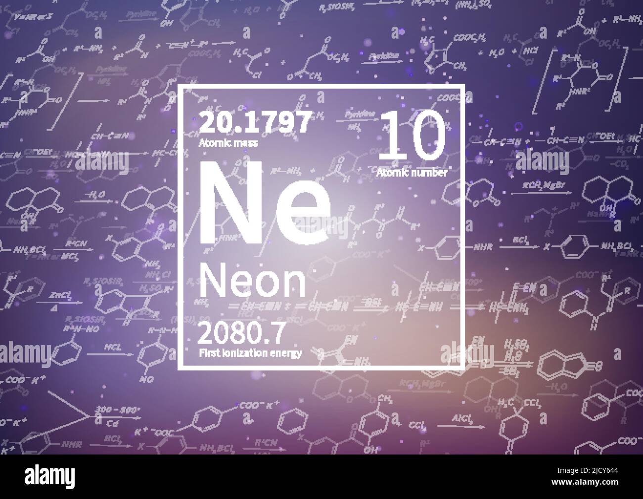 Neon chemical element with first ionization energy, atomic mass and electronegativity on scientific background Stock Vector