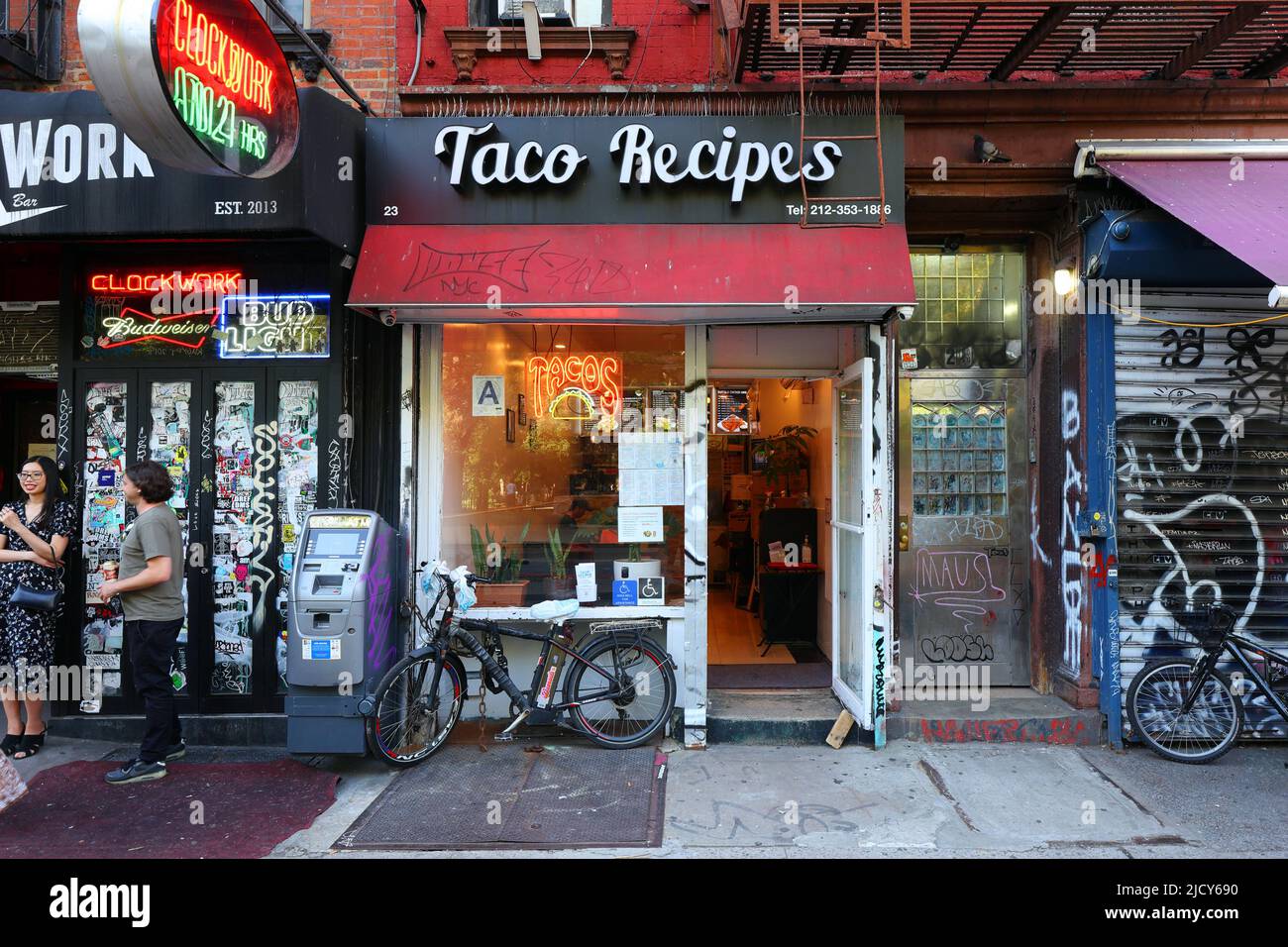 Taco Recipes, 23 Essex St, New York, NYC storefront photo of a Tex-Mex restaurant in the Lower East Side in Manhattan. Stock Photo