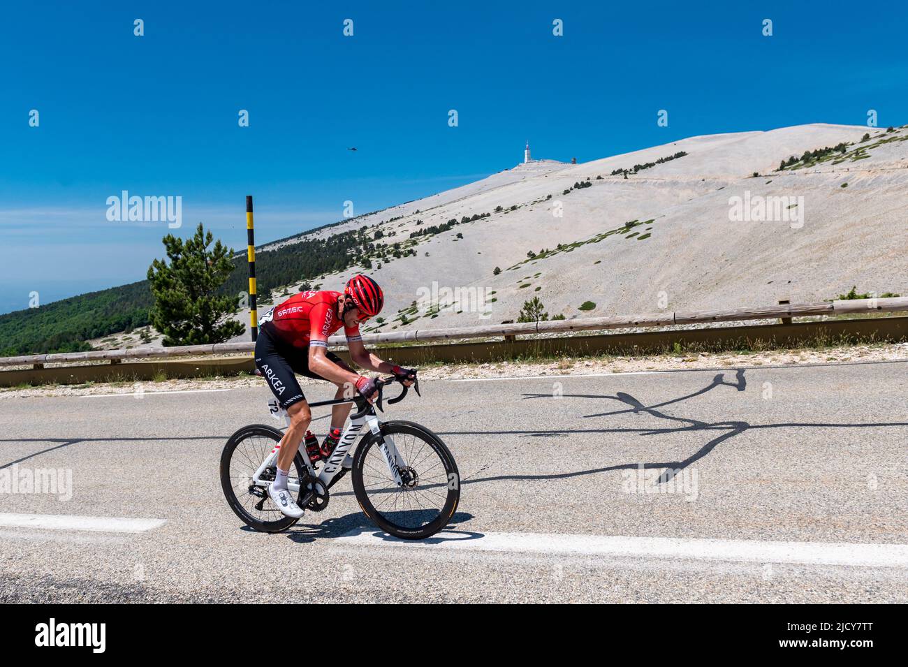 Anthony Delaplace (team Arkea Samsic) seen in action with the Mont Ventoux  summit in the background. The 4th edition of the CIC - Mont Ventoux  Dénivelé Challenges is part of the UCI
