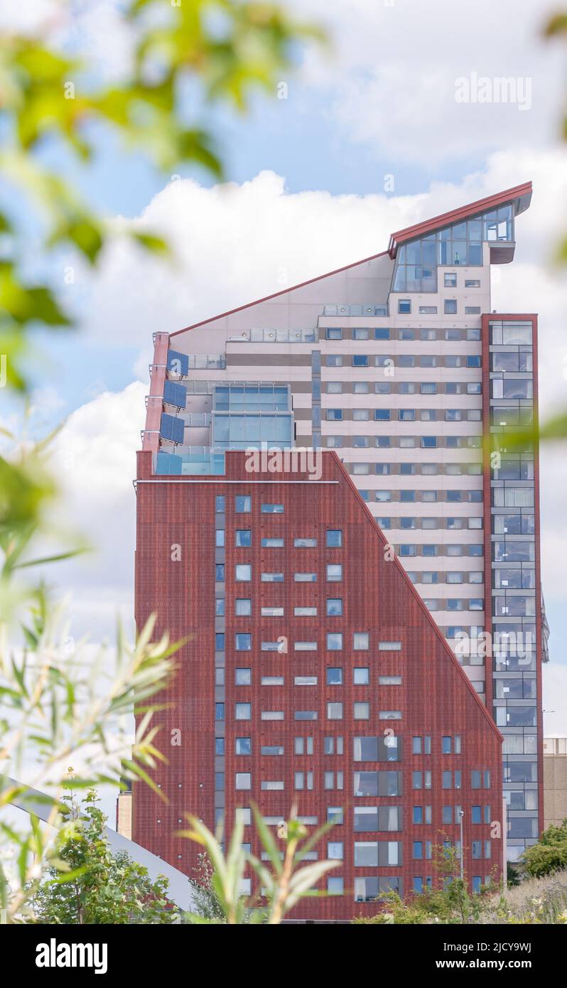 A view of the Unite Stratford One building from the Olympic Park. Residential buildings in East Village and student accommodation building Stratford Stock Photo