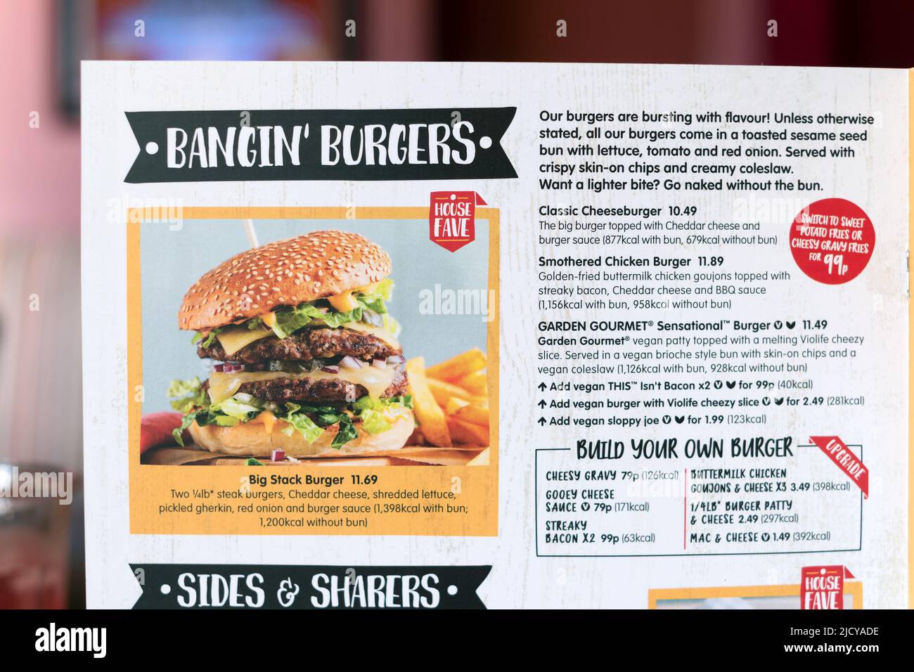 A menu card from a Brewers Fayre restaurant in the UK. The menu clearly shows the calorific value for each menu food item for those calorie counting Stock Photo