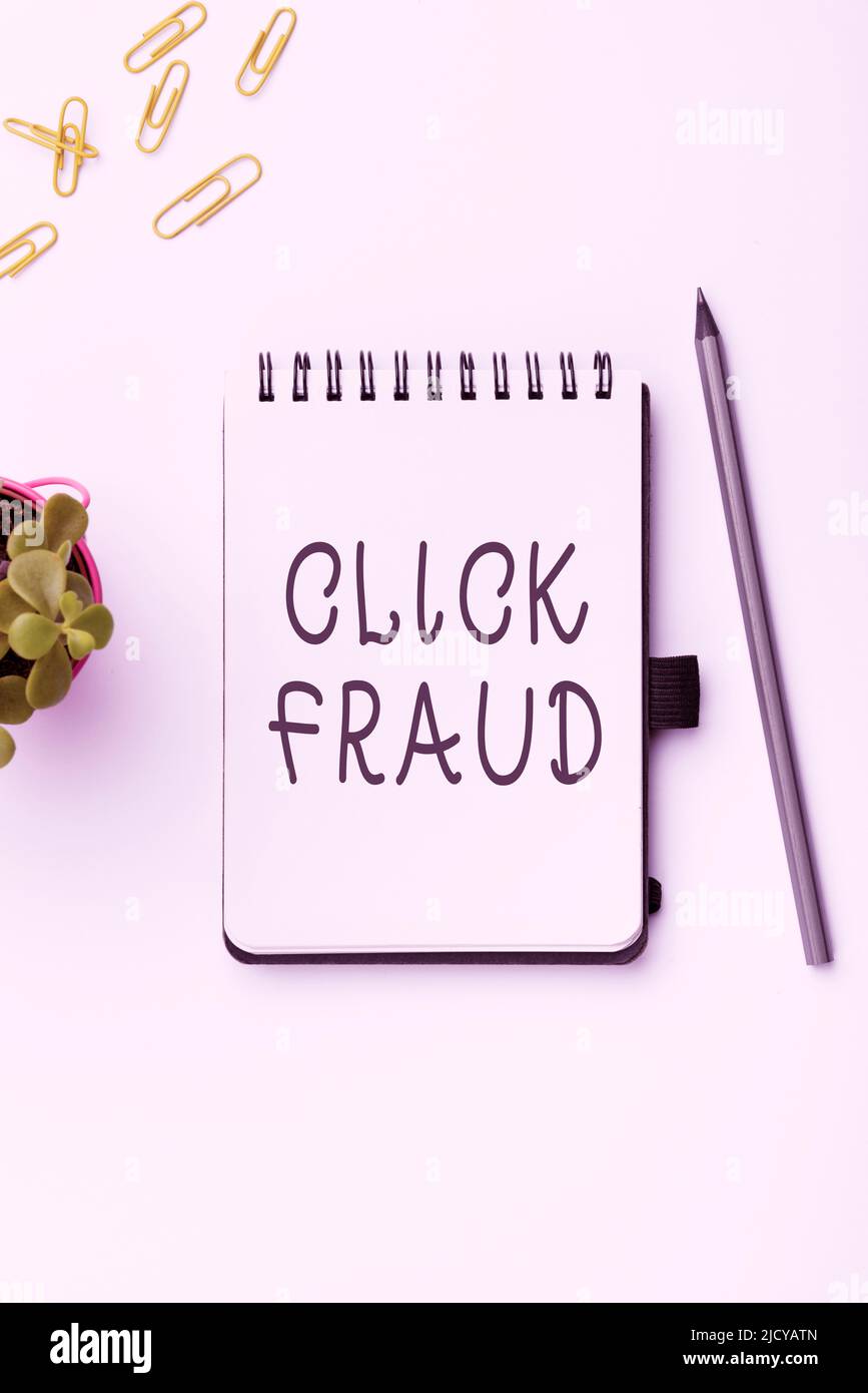 Conceptual caption Click Fraud, Word for practice of repeatedly clicking on advertisement hosted website Flashy School Office Supplies, Teaching Learn Stock Photo