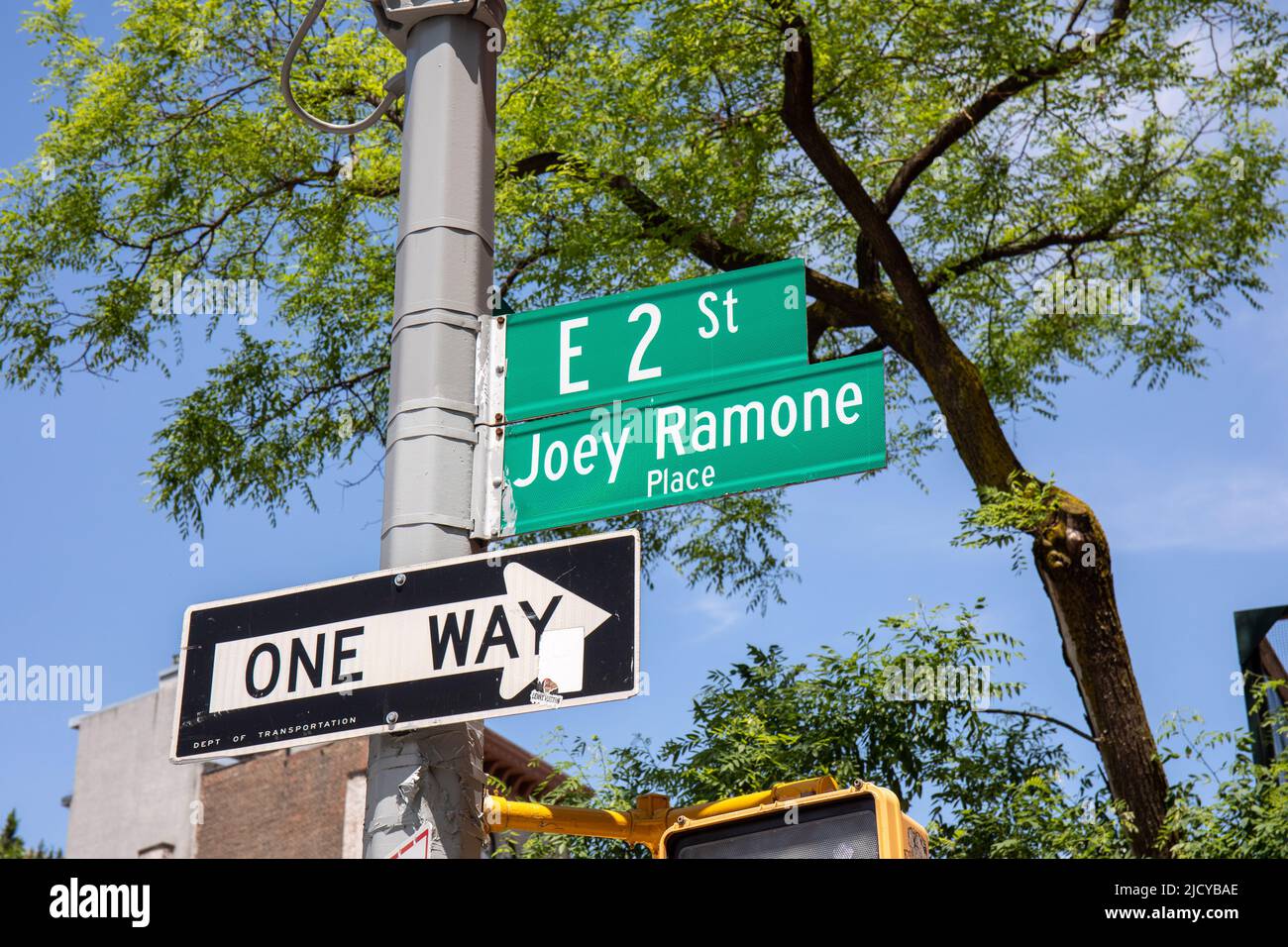 Joey Ramone Place street sign in Bowery, Lower East Side, East Village, New York City, United States of America Stock Photo