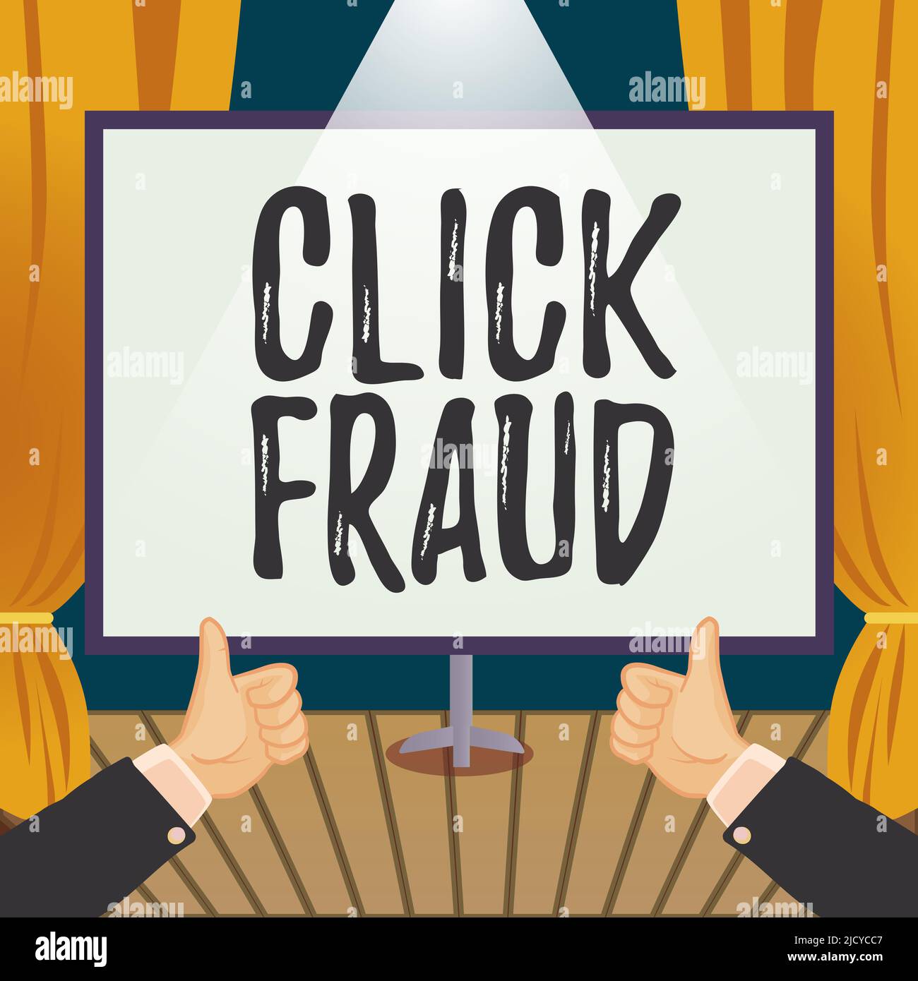 Conceptual caption Click Fraud, Business approach practice of repeatedly clicking on advertisement hosted website Hands Thumbs Up Showing New Ideas. P Stock Photo