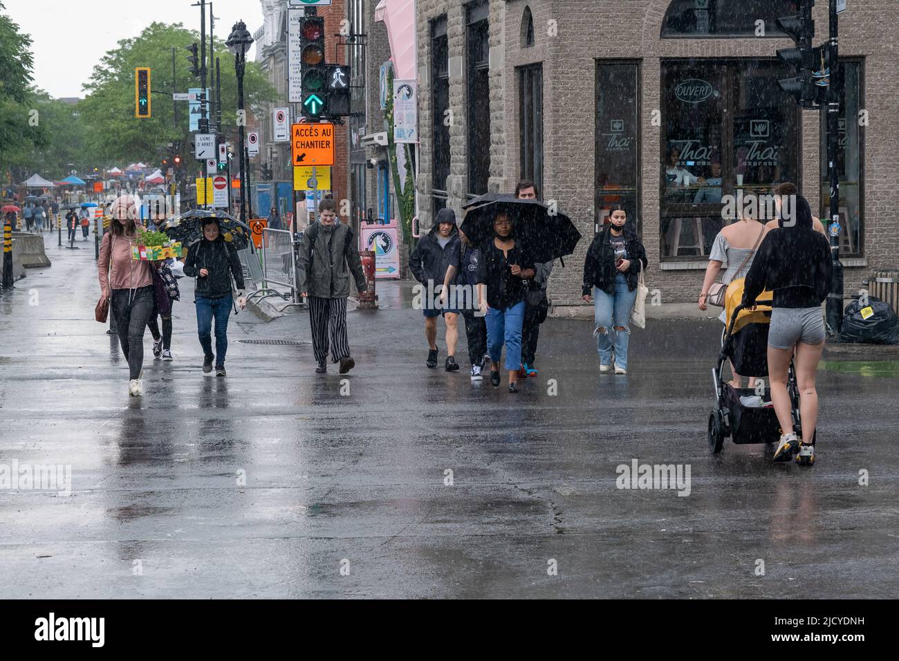 Montreal, CA - 12 June 2022: People on Mont-Royal Avenue holding umbrella during rain & storm Stock Photo
