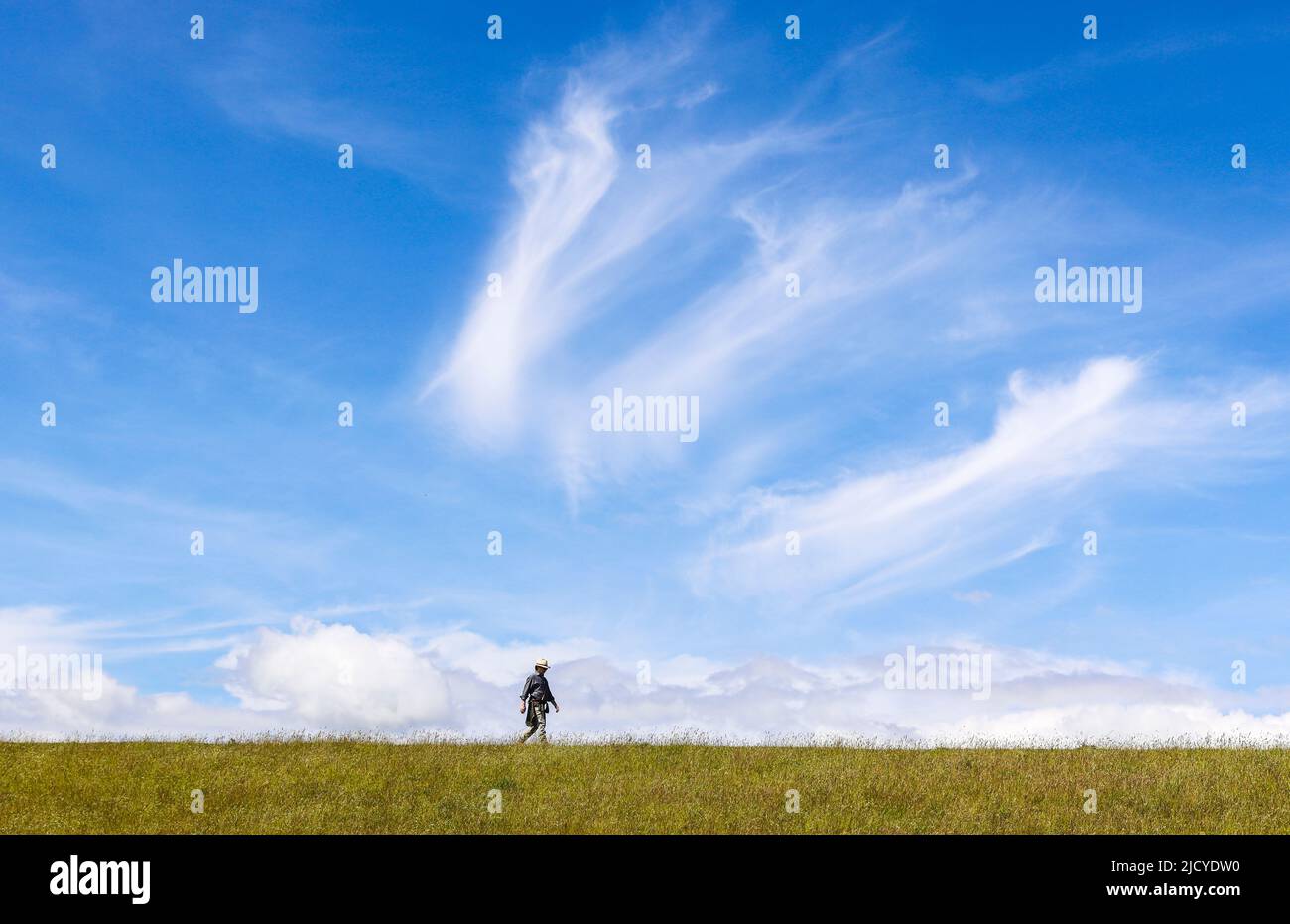 A man walks on the dike in Husum. Being outside and being in motion is a special benefit in times like this. Stock Photo