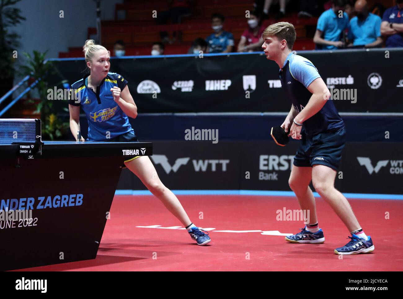 Christina Kallberg and Truls Moregardh of Sweden in action against Jang Woo-jin and Jeon Ji-hee of South Korea during 1st round of mixed couples of WTT Contender Zagreb 2022 in Dom Sportova, Zagreb, Croatia, on June 16, 2022. Stock Photo