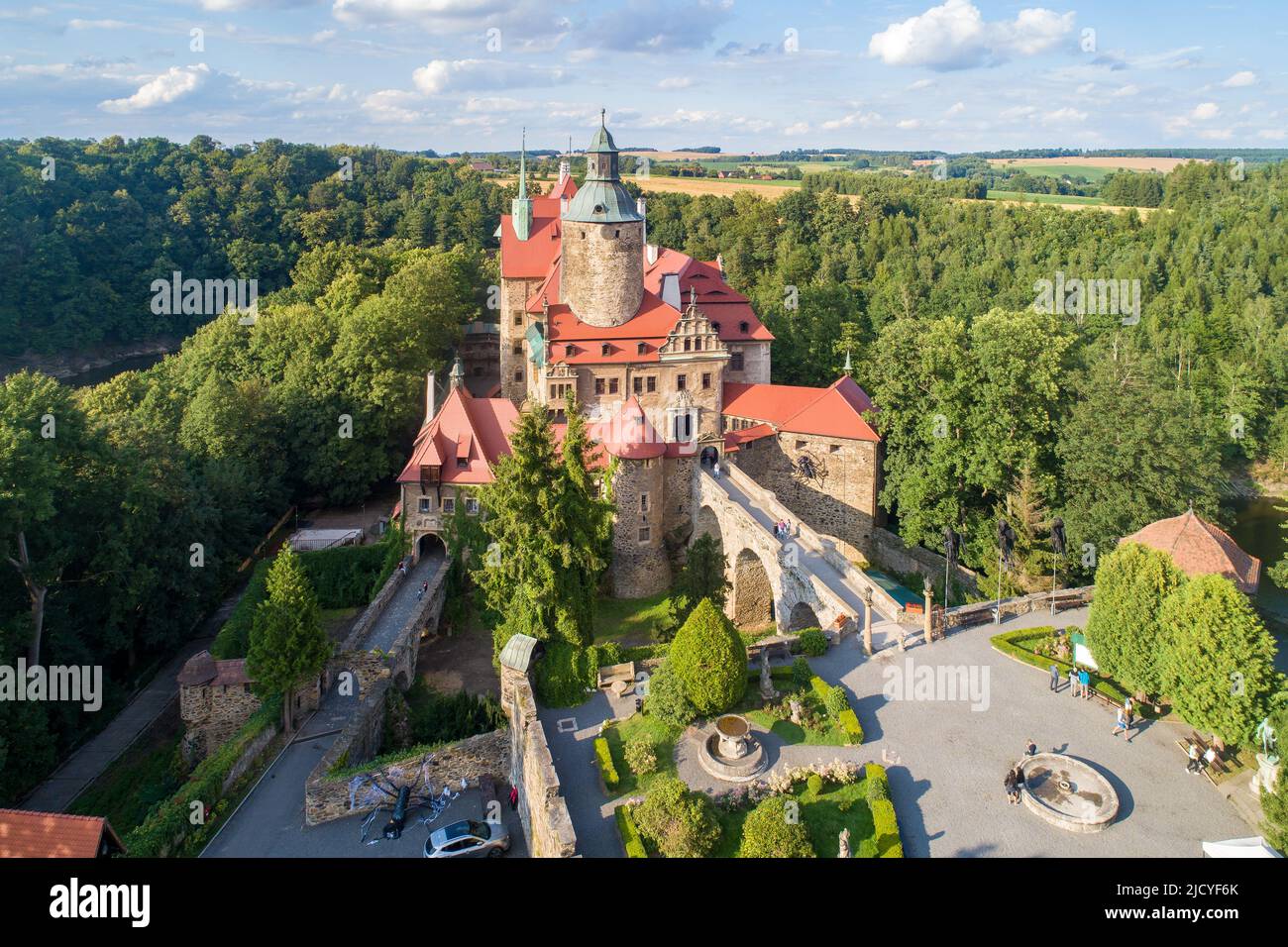 Czocha (Tzschocha) medieval castle in Lower Silesia in Poland. Built in 13th century (the main keep) with many later additions. Aerial view in summer Stock Photo