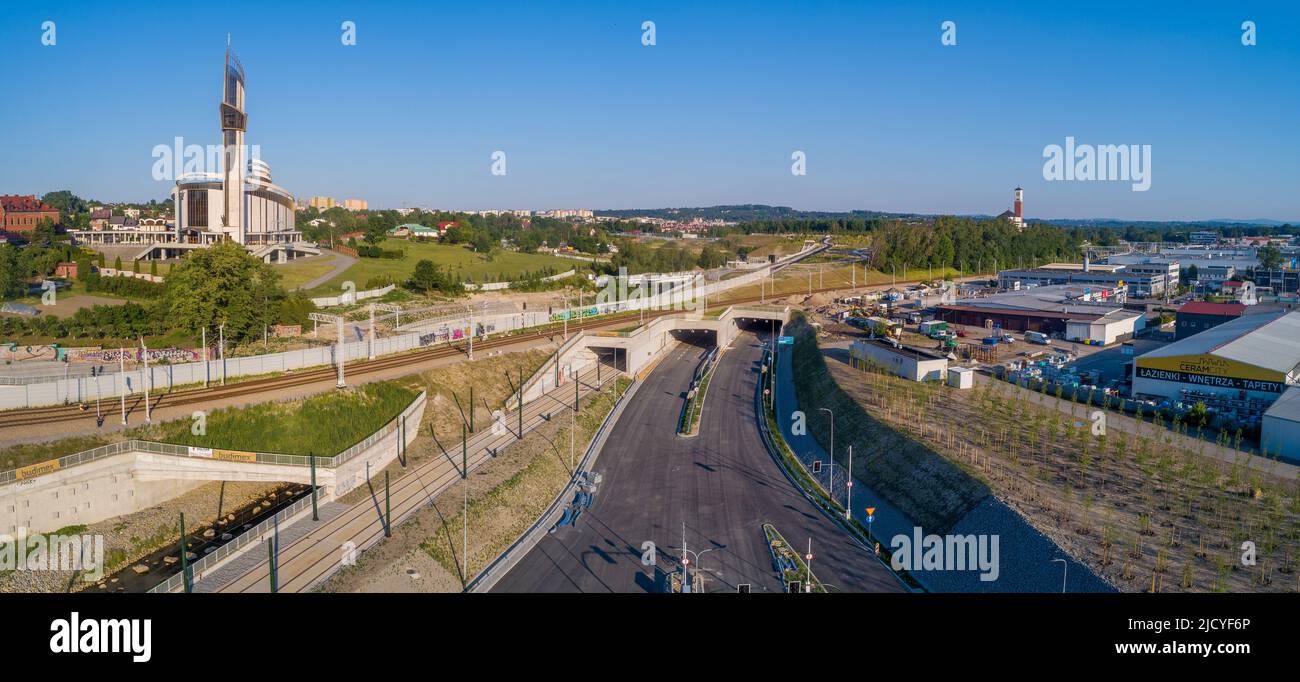Kraków, Poland – June 5. 2022:  New highway in Krakow, called Trasa Łagiewnicka under construction, almost ready to be opened in July 2022. Stock Photo