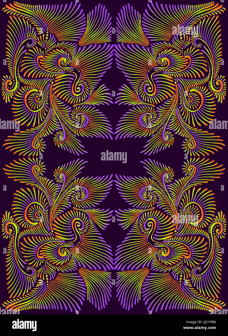 Elegant psychedelic trippy colorful fractal mandala, purple light green orange gradient color. 3D effect. Kaleidoscope flower with many ornamental Stock Vector