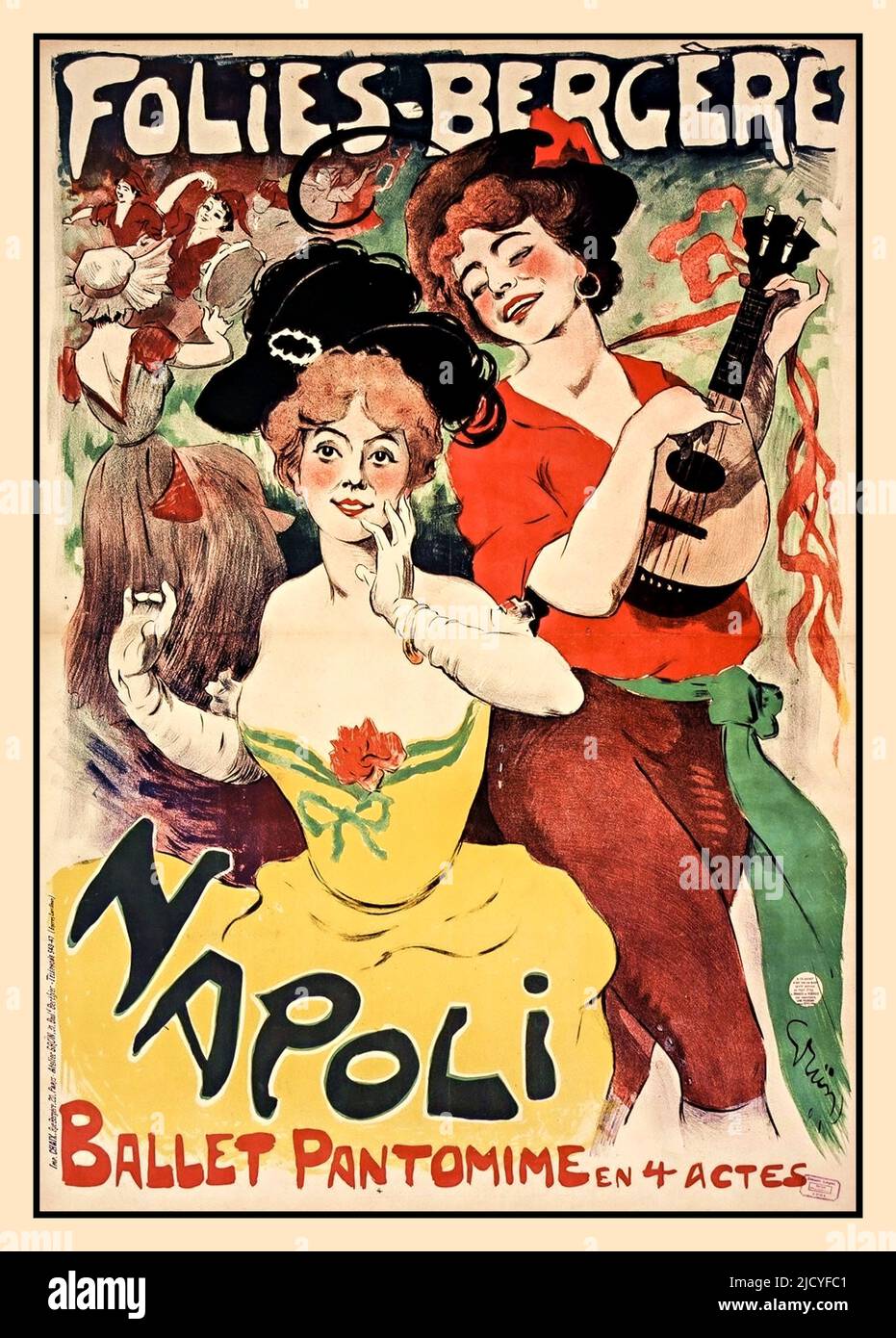 Vintage Folies Bergere Poster. 1900s  Amélie Diéterle plays the role of La parisienne in Napoli at the Folies Bergère in 1901, a ballet of Paul Milliet with music by Franco Alfano. Amélie Diéterle is a French actress born in Strasbourg on February 20, 1871 and died in Cannes on January 20, 1941. She was legitimated in Paris in 1892 by Captain Louis Laurent, Knight of the Legion of Honor. Amélie Diéterle married in Vallauris on June 16th, 1930 with André Simon (1877-1965). Amélie Diéterle played mainly at the Théâtre des Variétés in Paris during the Belle Époque. Paris France 1901 Stock Photo