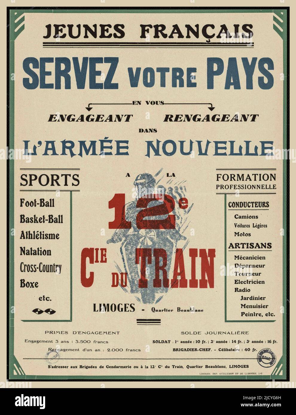WW2 1940s Vichy French Propaganda poster VICHY FRANCE RECRUITMENT POSTER 'Young French Serve your Country'  12e Compagnie du Train  Limoges  Quartier Beaublanc Vichy France Stock Photo