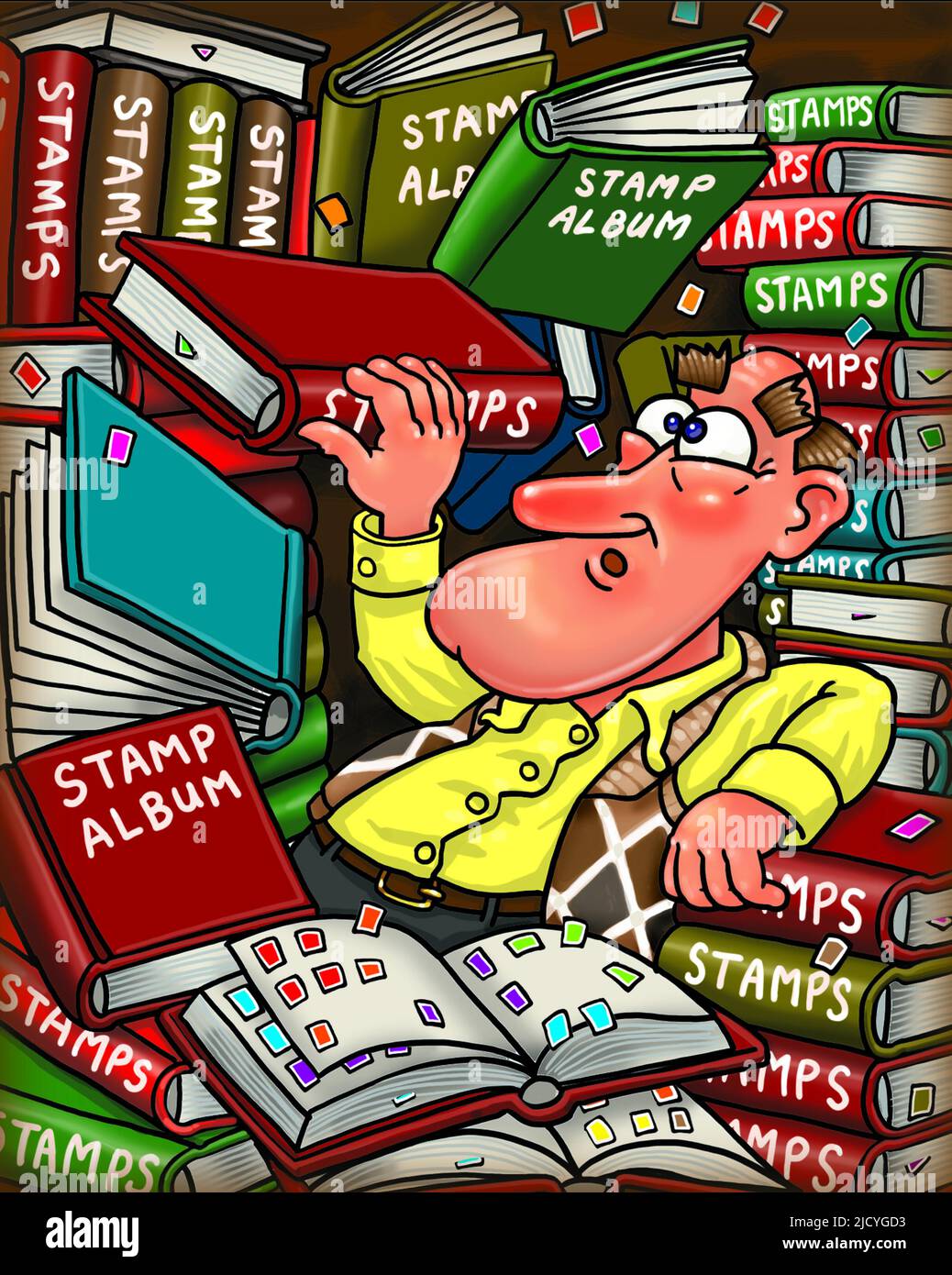 Art cartoon man surrounded by piles of stamp albums, illustrating philately, the fun of collecting, importance of sorting keeping a collection ordered Stock Photo