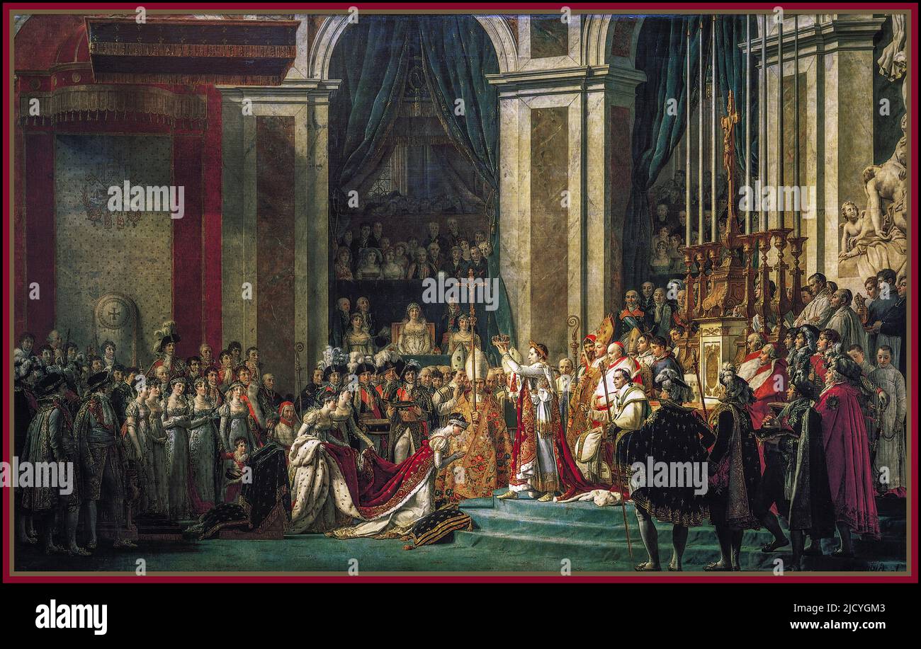 NAPOLEON CORONATION Coronation of Emperor Napoleon I and Coronation of the Empress Josephine in the Notre-Dame de Paris, December 2, 1804 Sacre de l'empereur Napoléon Ier et couronnement de l'impératrice Joséphine dans la cathédrale Notre-Dame de Paris, le 2 décembre 1804. Joséphine kneels before Napoléon during his coronation at Notre Dame. Behind him sits Pope Pius VII.  between 1805 and 1807 oil on canvas Signature bottom right: L.David F.ebat [Louis David has made this]  Jacques-Louis David (30 August 1748 – 29 December 1825) Stock Photo