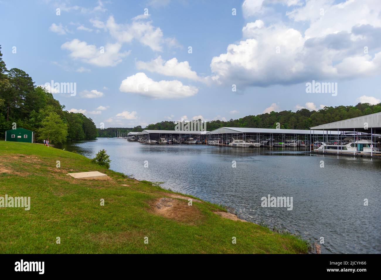 Boats docked at the Pickwick Landing State Park Marina on the Tennessee River. Stock Photo