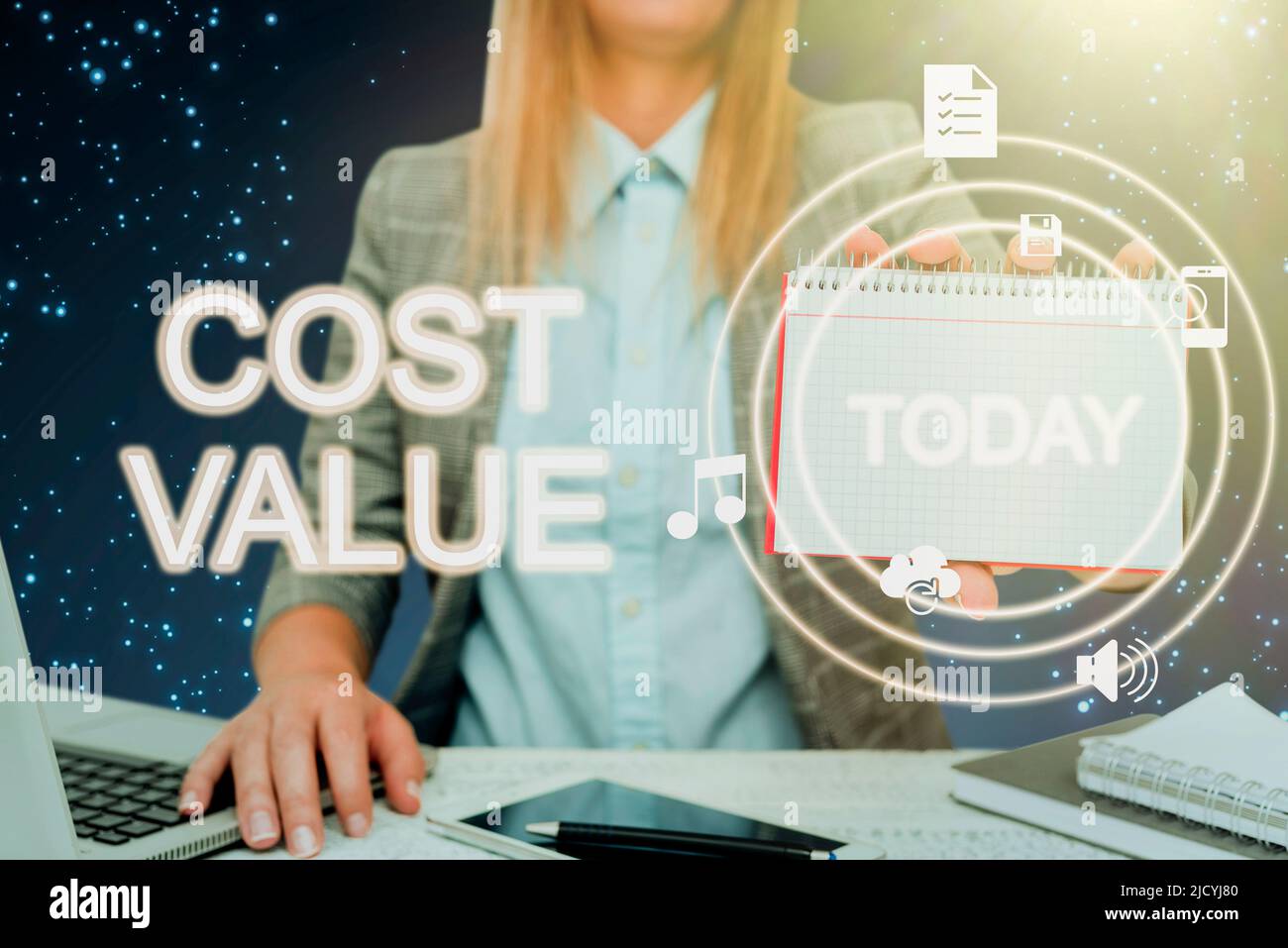 Writing displaying text Cost Value. Business overview The amount that usualy paid for a item you buy or hiring a person Lady in suit holding notepad Stock Photo