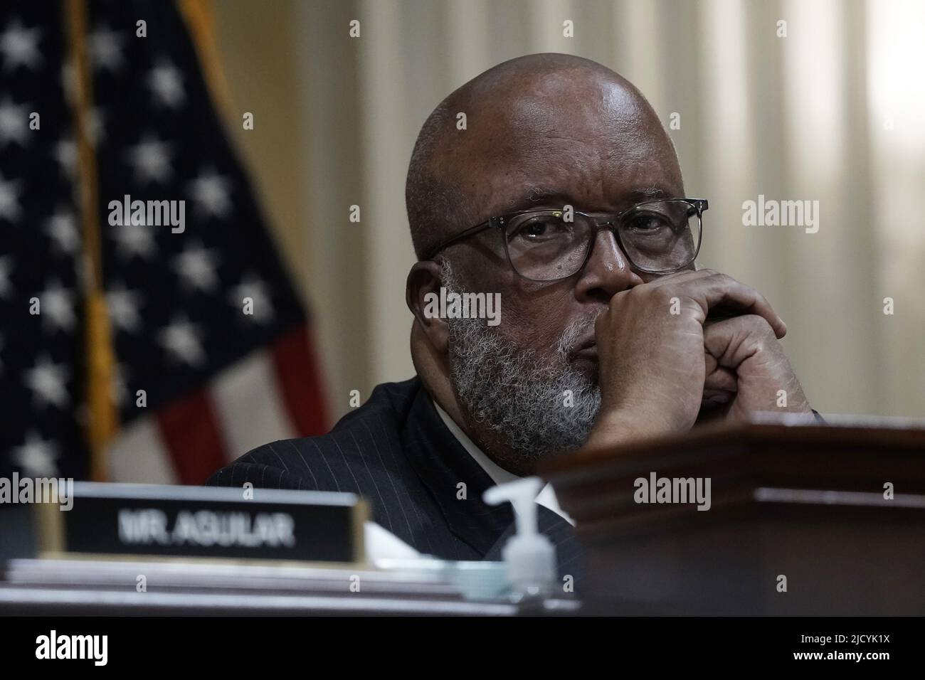 Washington, United States. 16th June, 2022. Committee Chairman Bennie Thompson, D-MS, listens to testimony as the House select committee investigating the Jan. 6 attack on the U.S. Capitol holds a public hearing to discuss its findings of a year-long investigation, on Capitol Hill in Washington, DC on Thursday, June 16, 2022. Photo by Ken Cedeno/UPI Credit: UPI/Alamy Live News Stock Photo