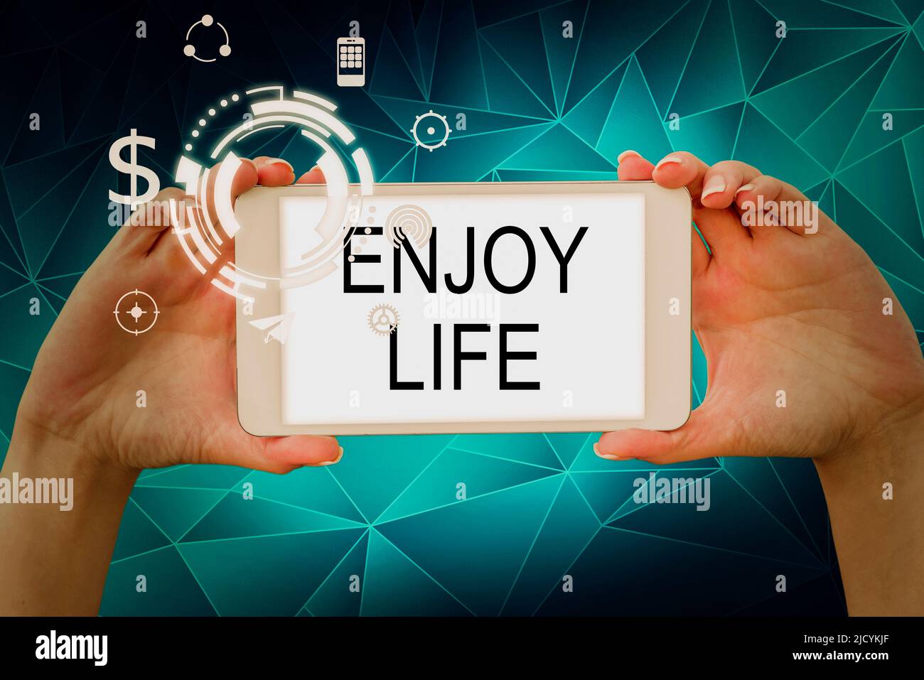 Hand writing sign Enjoy Life. Business idea Any thing, place,food or person, that makes you relax and happy Hands holding tablet presenting innovative Stock Photo