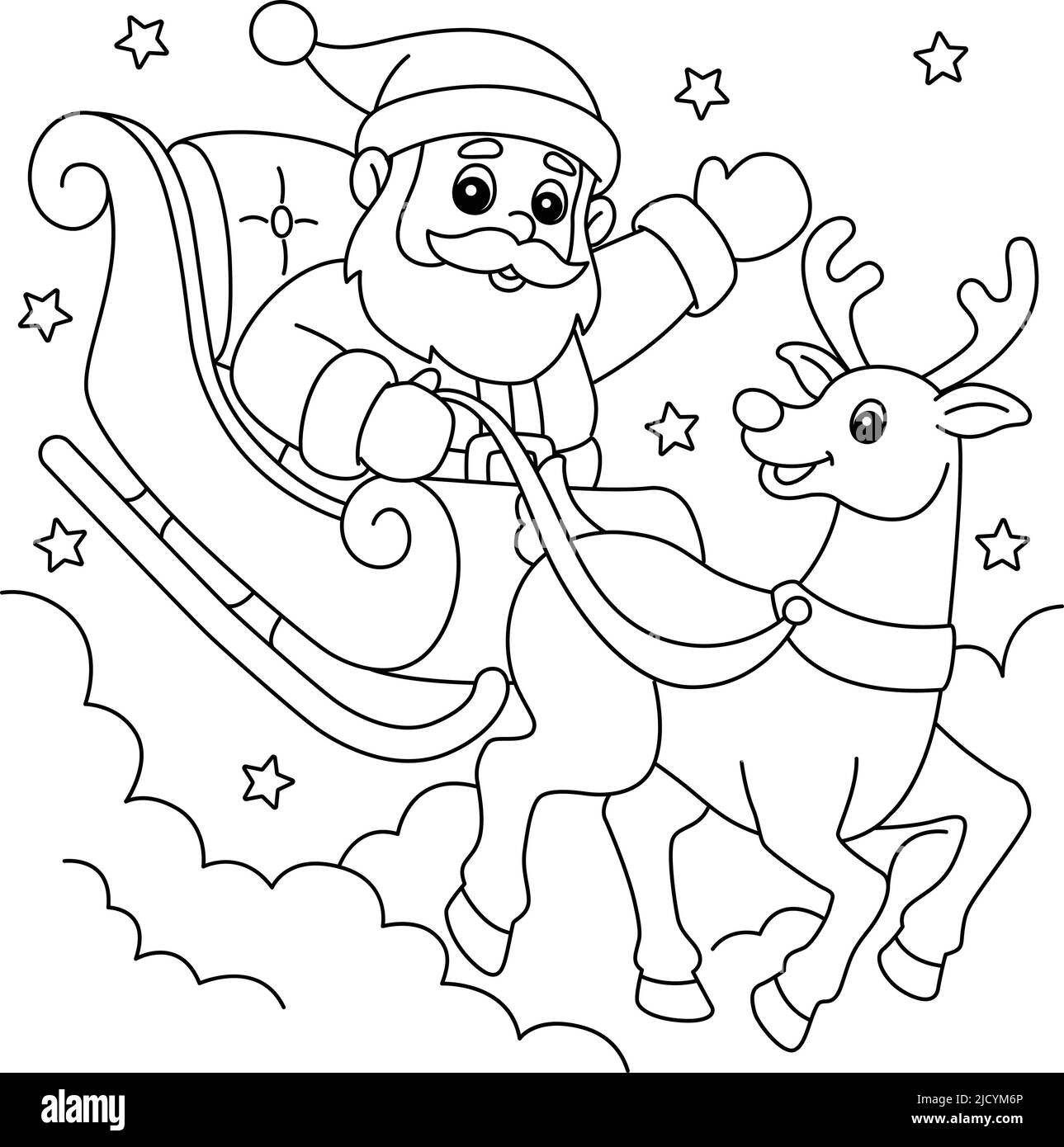 Christmas Santa Sleigh And Reindeer Coloring Page Stock Vector