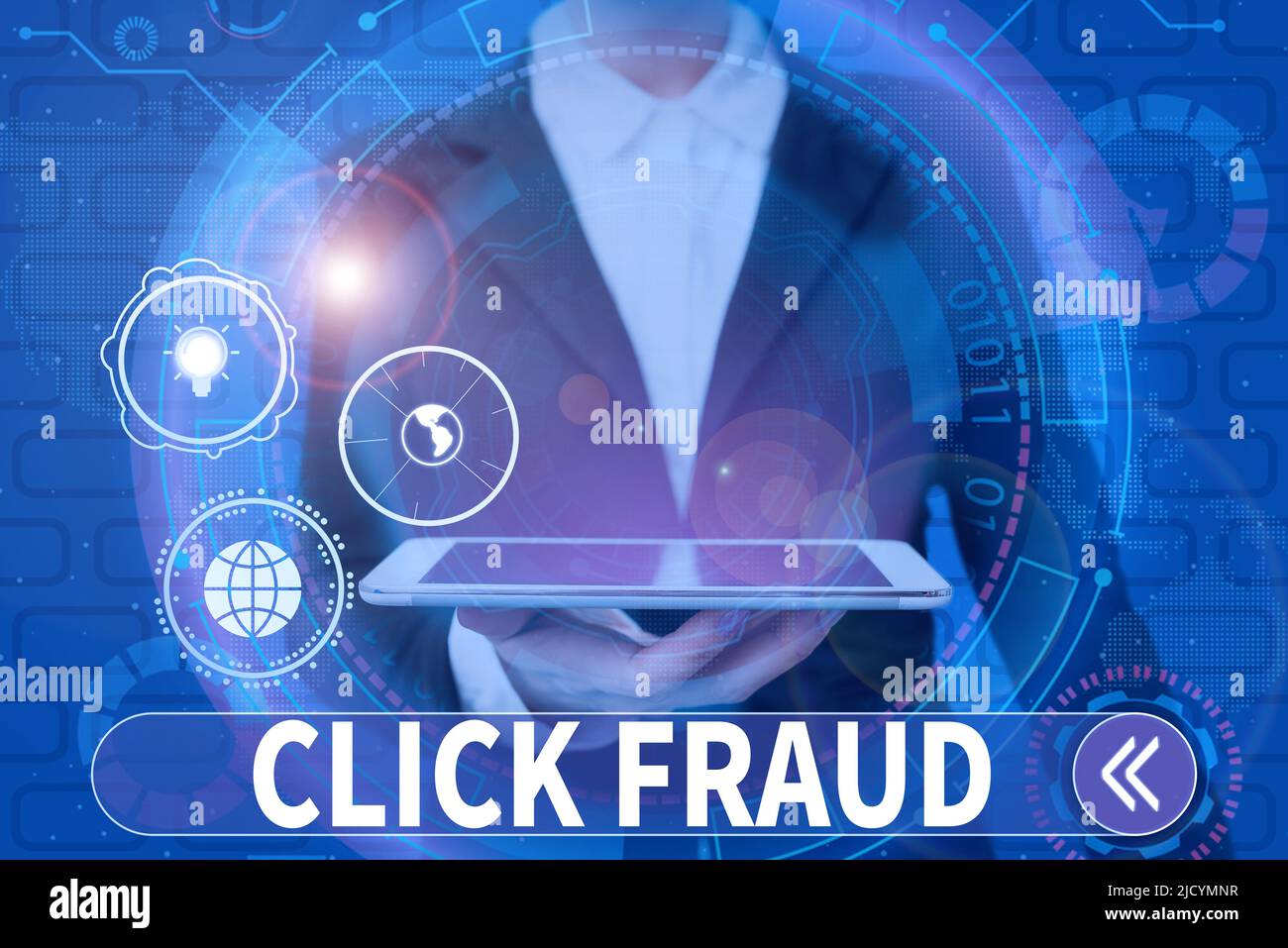 Text showing inspiration Click Fraud, Business showcase practice of repeatedly clicking on advertisement hosted website Lady in suit holding electrica Stock Photo