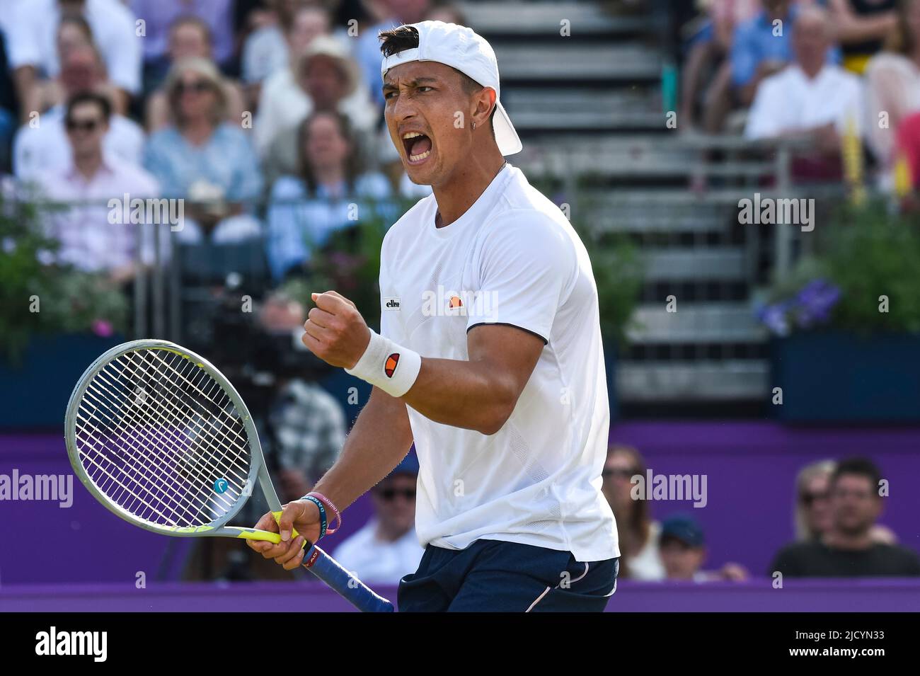 London, UK.  16 June 2022.  Ryan Peniston (GBR) wins his round 2 men’s singles match against Francisco Cerundolo (ARG) by two sets to one at the Cinch Championships at The Queen’s Club in west London.  Credit: Stephen Chung / Alamy Live News Stock Photo