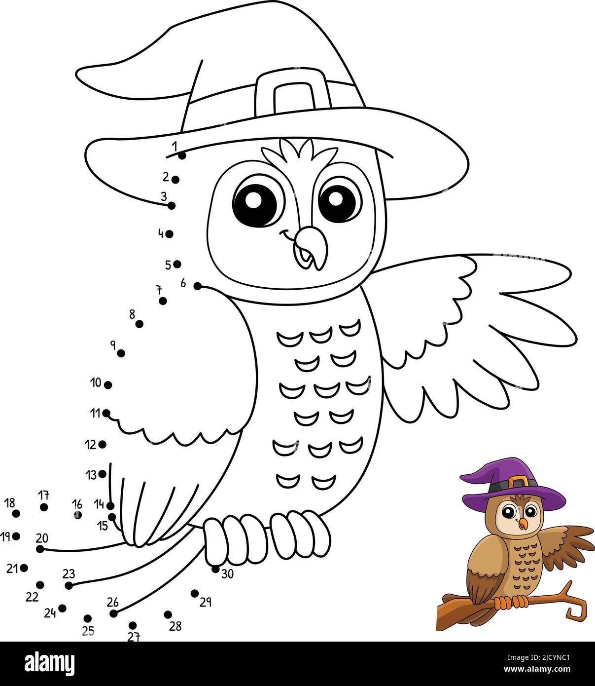Dot to Dot Owl Witch Hat Halloween Isolated  Stock Vector