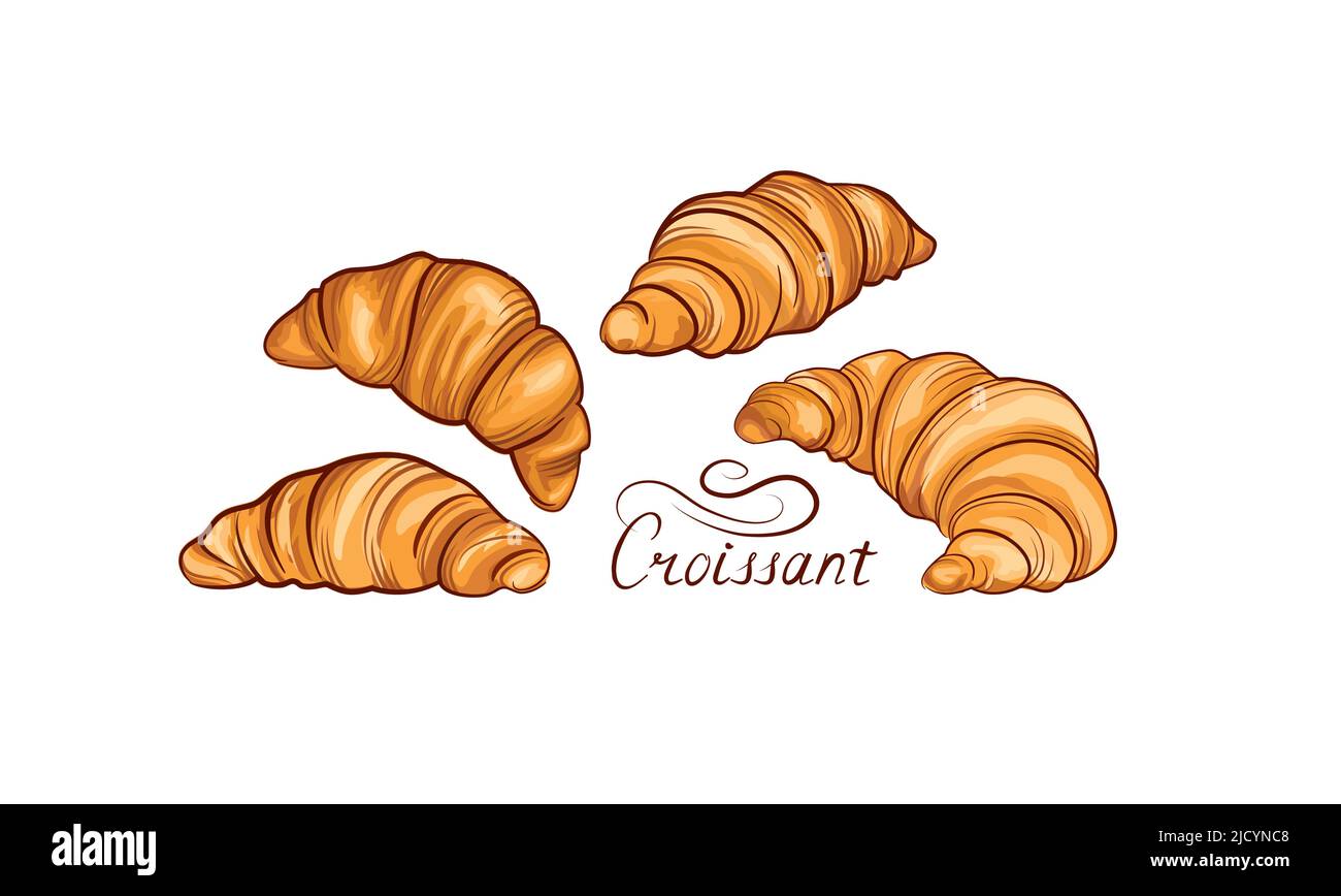 Croissant french food icon set. Bakery food hand drawing line art over ...