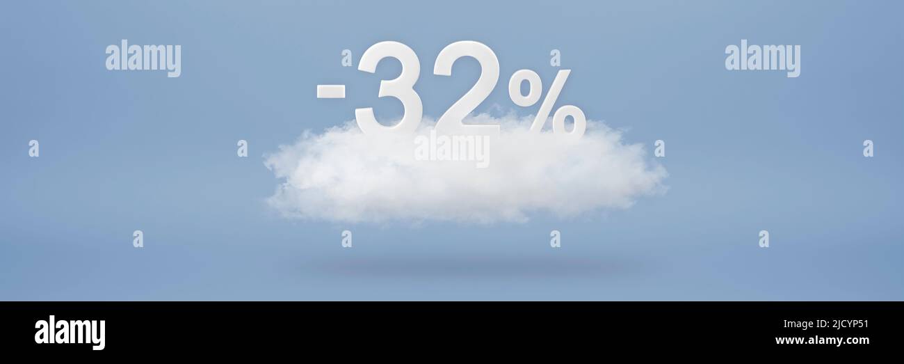 Discount 32 percent. Big discounts, sale up to thirty two percent. 3D numbers float on a cloud on a blue background. Copy space. Advertising banner Stock Photo