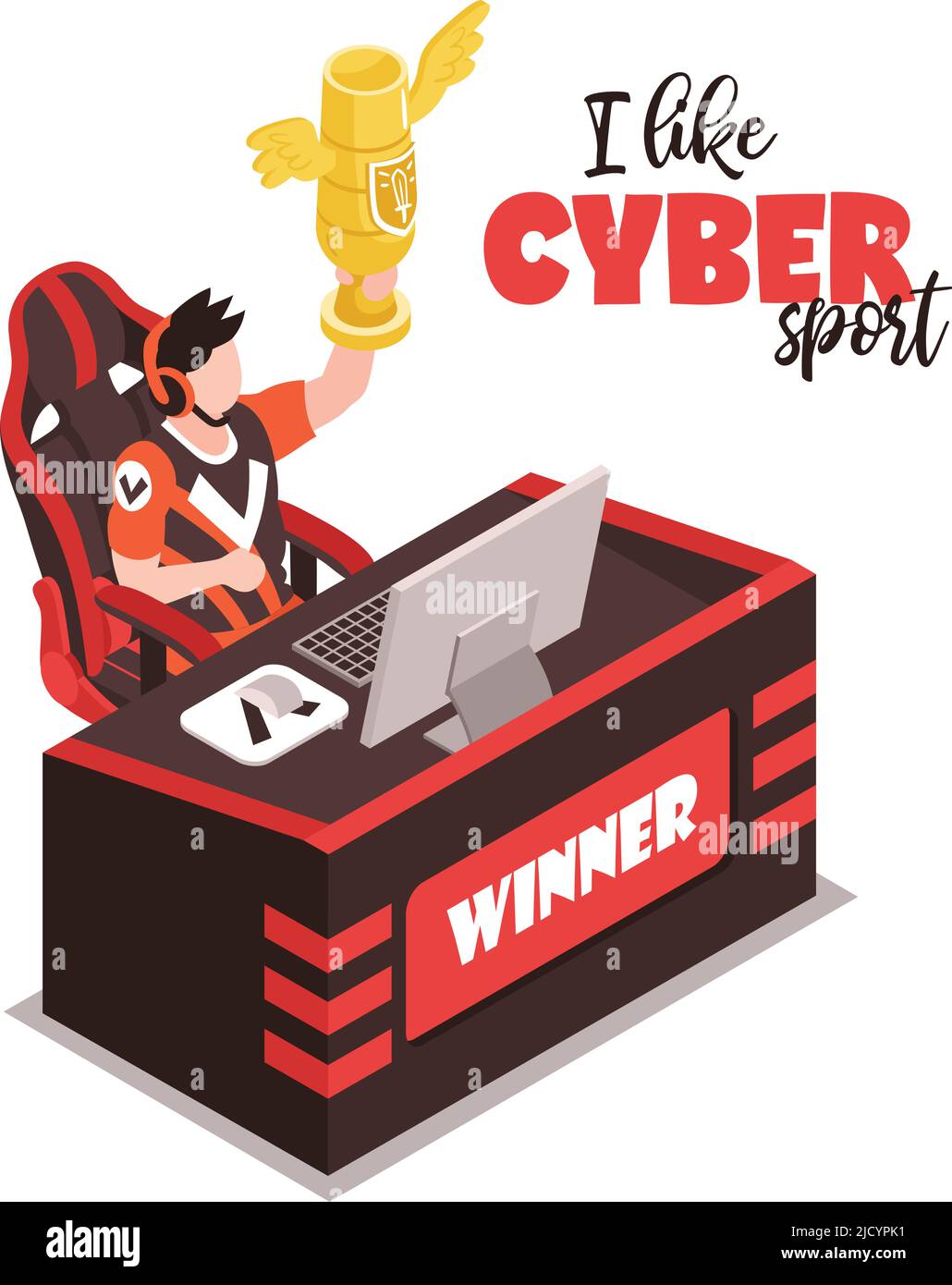 Cyber sport winner isometric composition with player behind computer ...