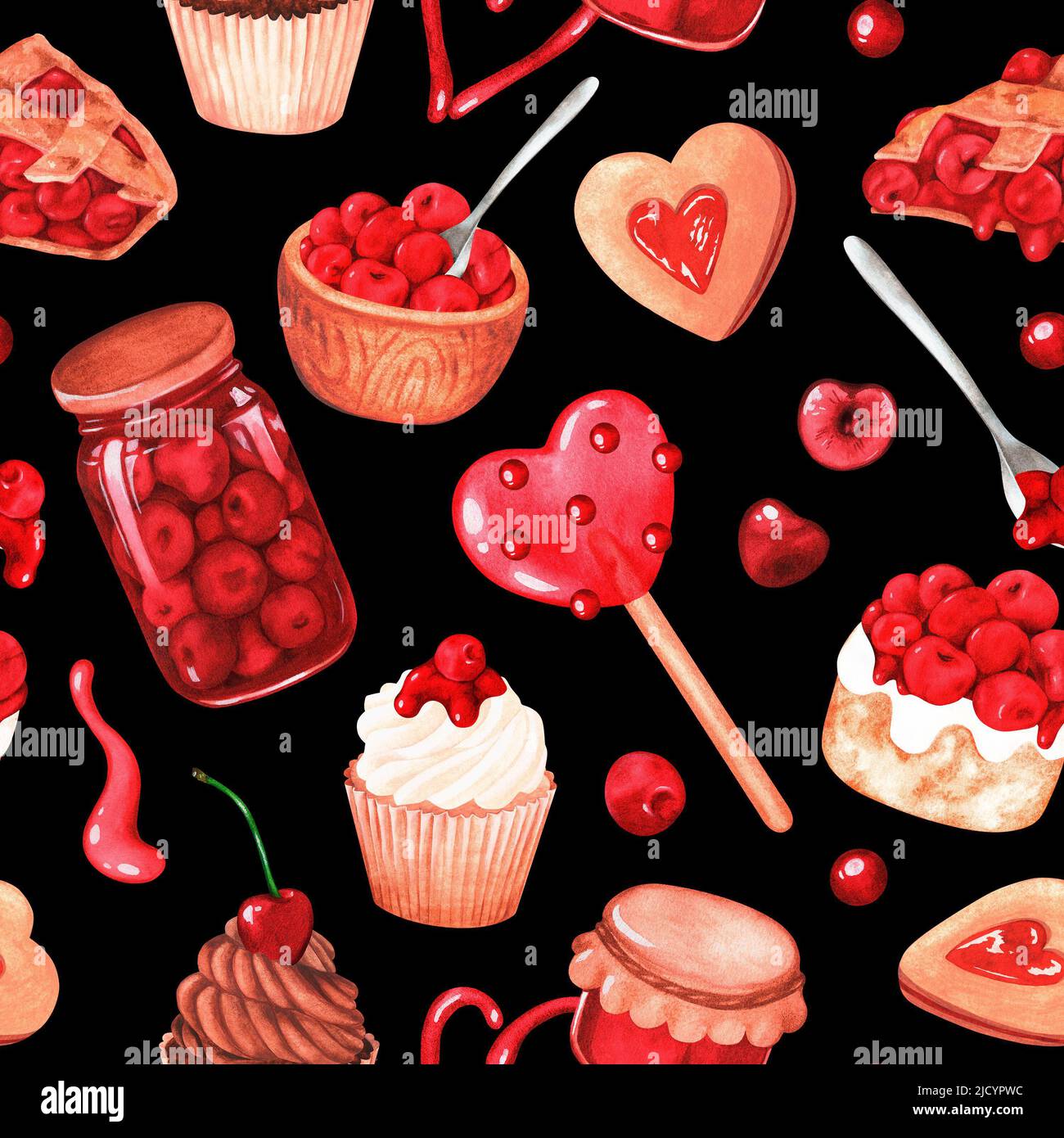 Cherry sweets Seamless Pattern. Watercolor illustration. Isolated on a black background. For your design fabrics, packaging paper, cookbooks, aprons Stock Photo