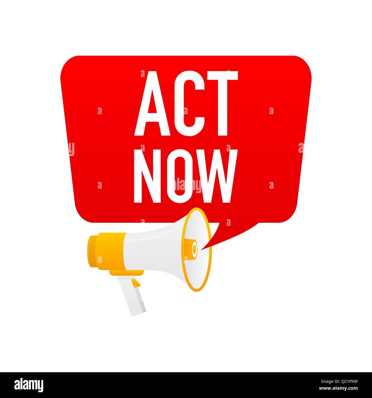 Male hand holding megaphone with Act now speech bubble. Stock Vector