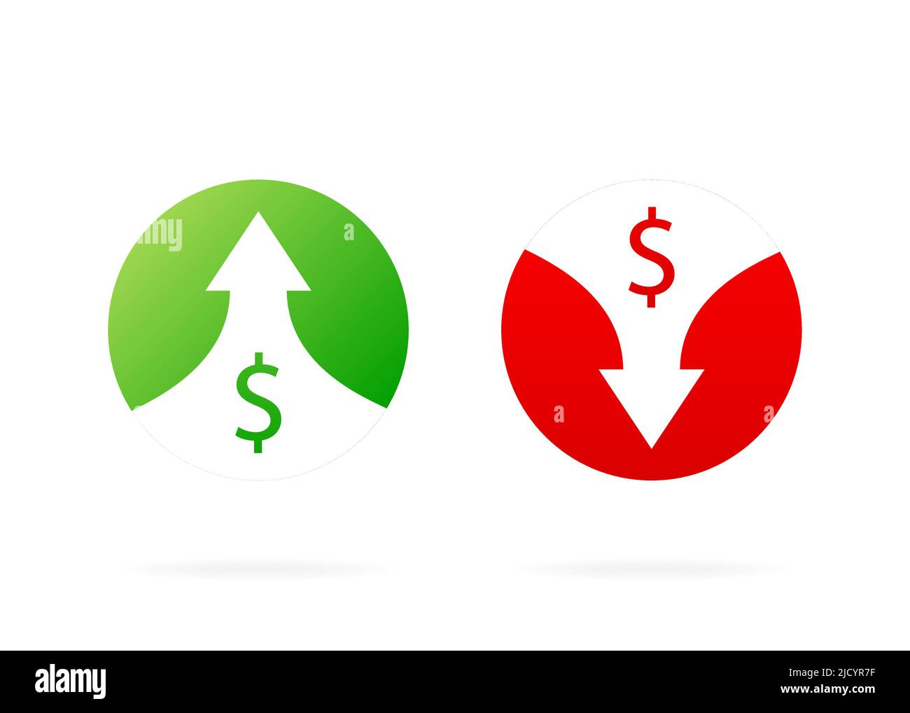 Up and down arrows. Red and Green icons. Illustration isolated on white background. Vector illustration with profit marks. Stock Vector
