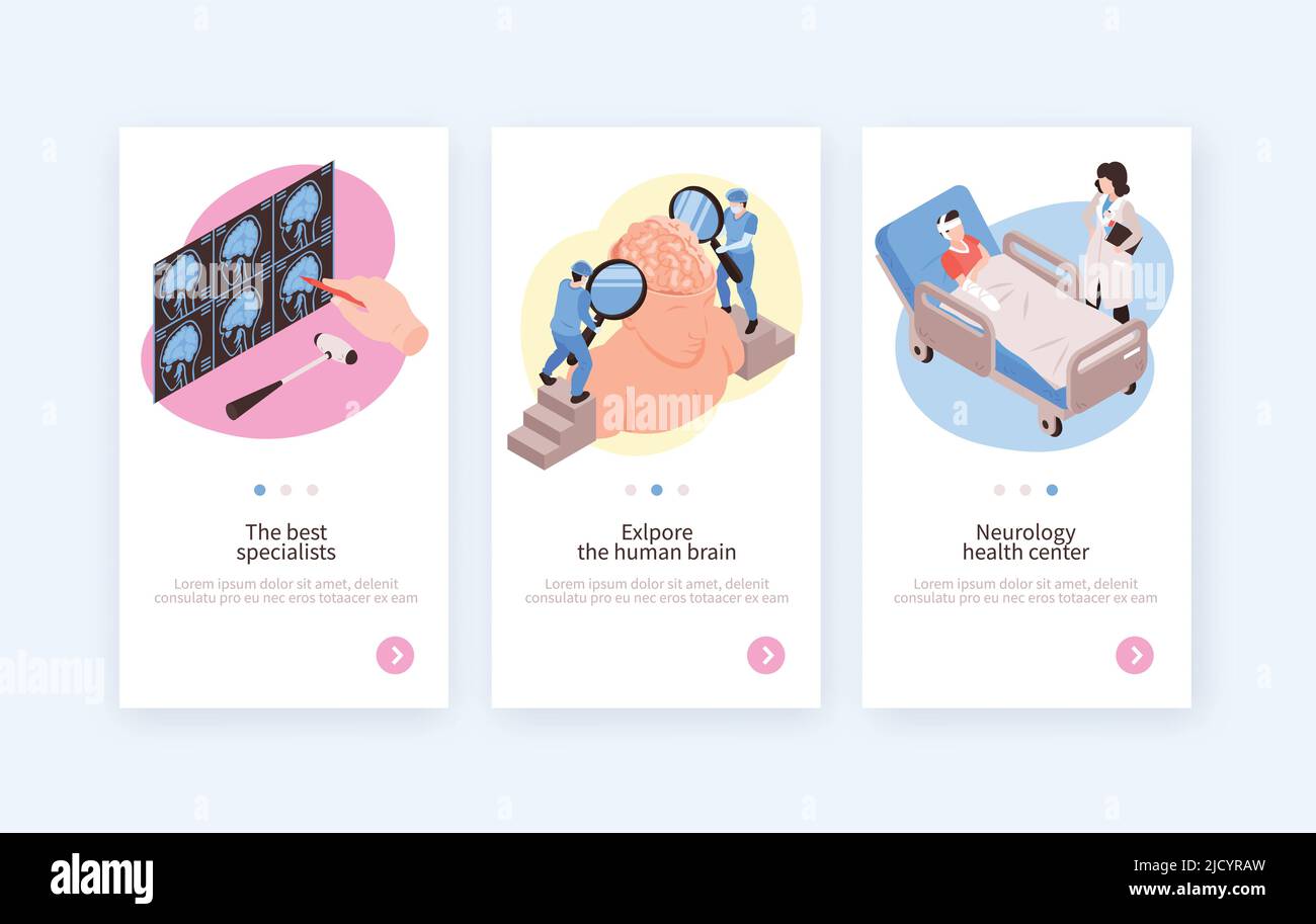 Neurological medical center 3 vertical isometric banners set with