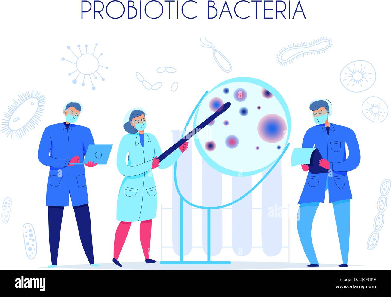 Three scientists investigating probiotic bacteria in science laboratory flat vector illustration Stock Vector