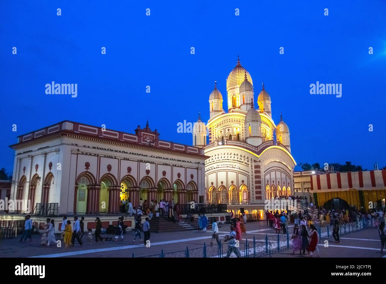 The Lighting Decoration of Dakshineswar Kali Temple. Dakshineshwar Kali Temple is a Hindu temple located on the eastern banks of the Hooghly River in a small town in the north of Kolkata named Dakshineshwar. The beauty and charm of Dakshineswar Kali Temple is known to be such that a trip to Kolkata is often said to be incomplete without a visit to this temple.While the spiritual history of this temple has the mystic sage and reformer Ramakrishna Paramahansa and his wife Sarada Devi associated with it, the socio-political history associated with the temple is quite interesting too.Founded by Ra Stock Photo