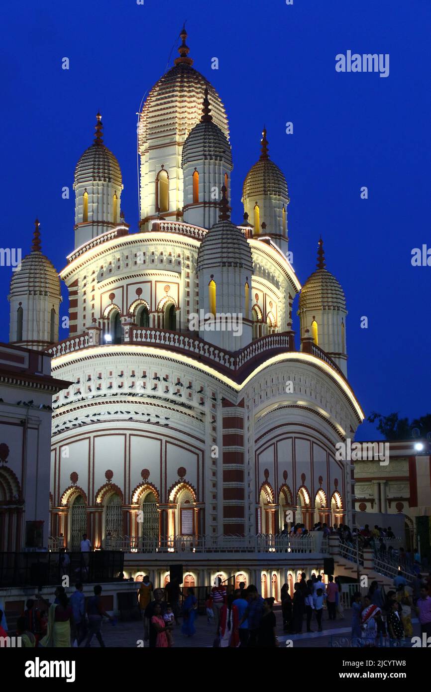 The Lighting Decoration of Dakshineswar Kali Temple. Dakshineshwar Kali Temple is a Hindu temple located on the eastern banks of the Hooghly River in a small town in the north of Kolkata named Dakshineshwar. The beauty and charm of Dakshineswar Kali Temple is known to be such that a trip to Kolkata is often said to be incomplete without a visit to this temple.While the spiritual history of this temple has the mystic sage and reformer Ramakrishna Paramahansa and his wife Sarada Devi associated with it, the socio-political history associated with the temple is quite interesting too.Founded by Ra Stock Photo