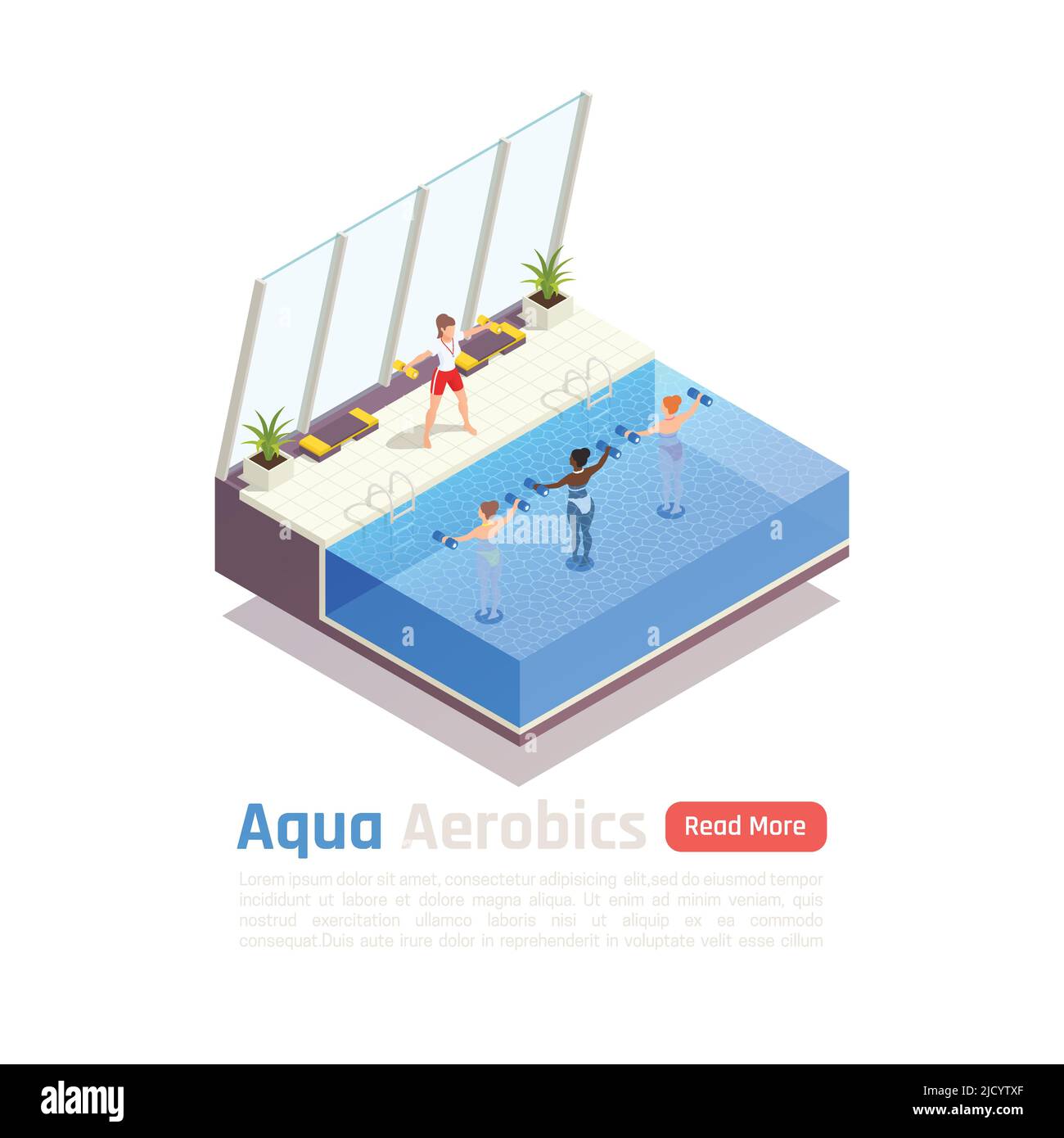 Water aerobic calories burning training isometric composition with aqua dumbbells exercise in